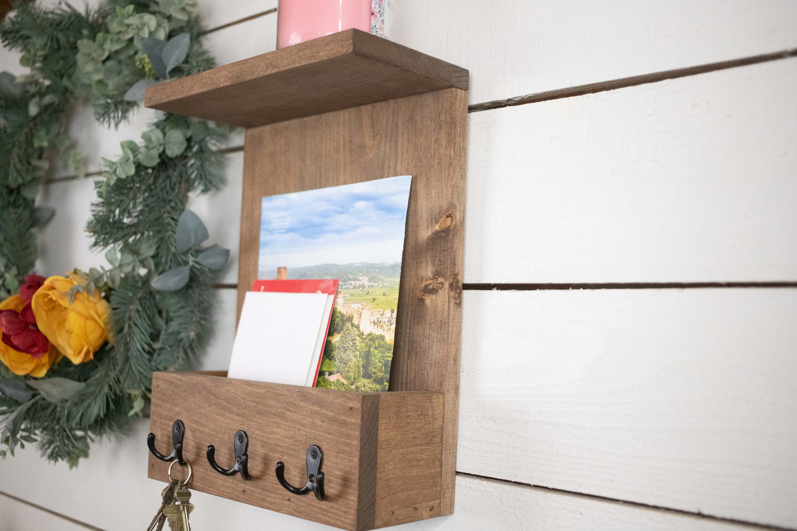 Wall Mounted Wooden Home Organization Center, Mail Holder, Shelf with Coat Hooks