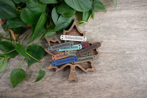 Custom Faux Leather Tags for Knitting and Crochet, Personalized Labels for Handmade Items, No Sew Logo, 2.5" x 0.5"