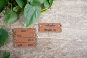 Custom Faux Leather Tags for Knitting and Crochet, Personalized Labels for Handmade Items, No Sew Logo, 2.5" x 0.5"