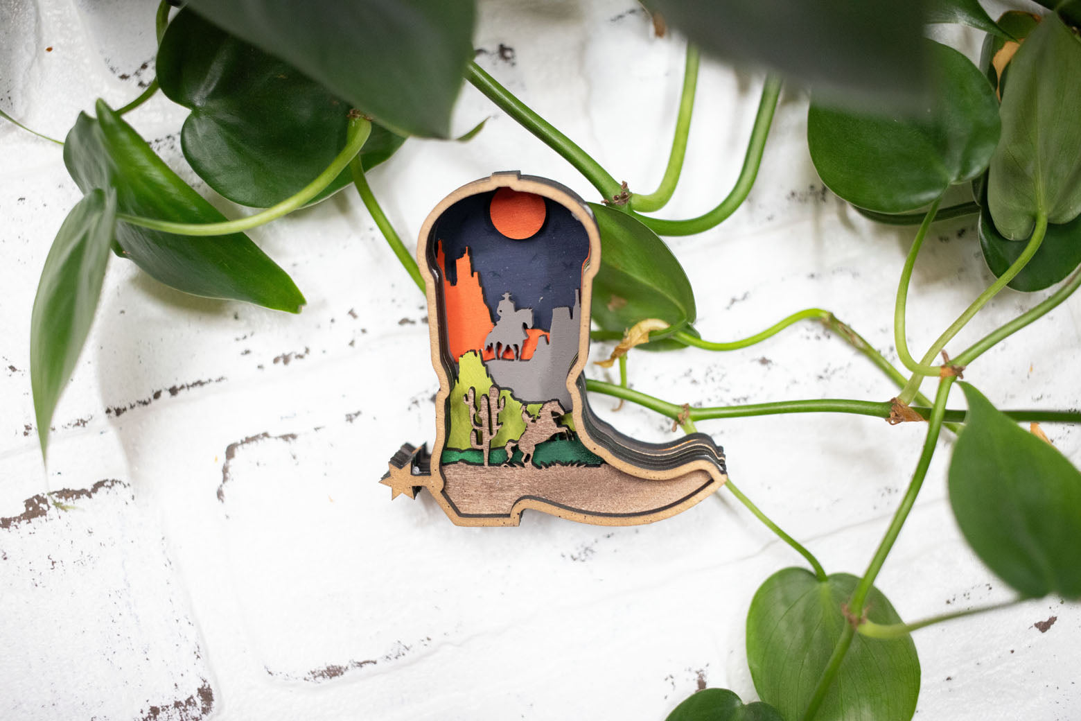 Laser Cut Cowboy Boot,  Western 3D Diorama, Handmade Wild West Scene, Cowboy Boot Decor