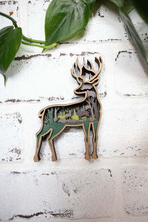 Laser Cut Deer, Deer 3D Diorama, Handmade Forest Scene, Deer Animal Decor