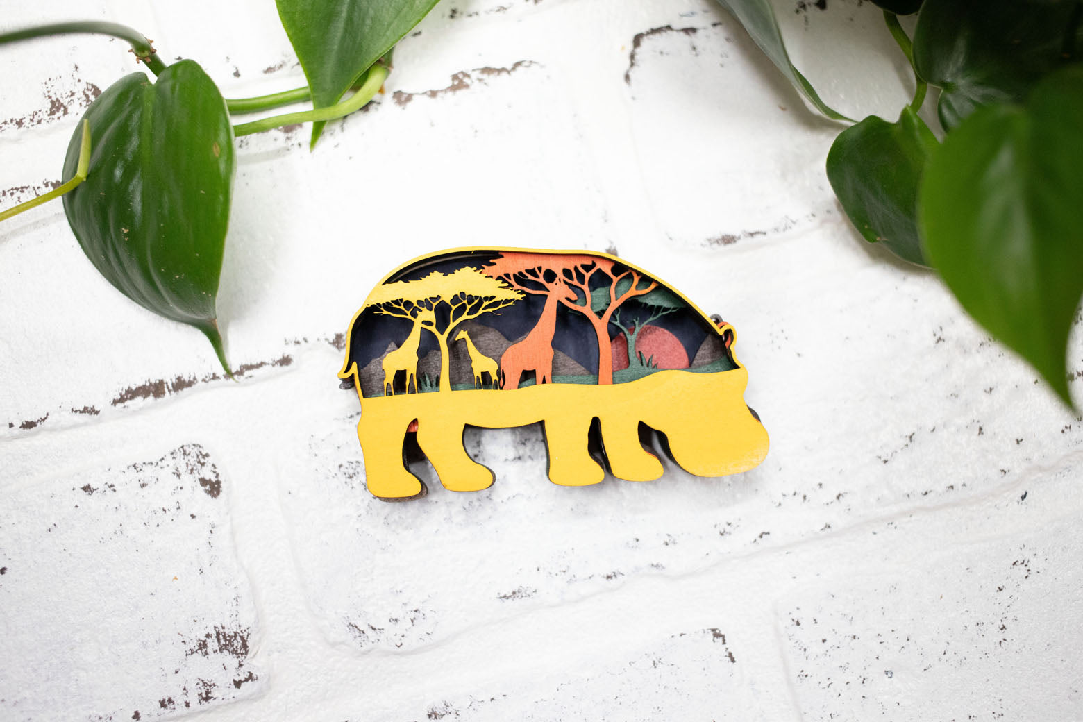 Laser Cut Hippo,  Animal 3D Diorama, Handmade Jungle Scene, Wall Art, Giraffe Animal Decor