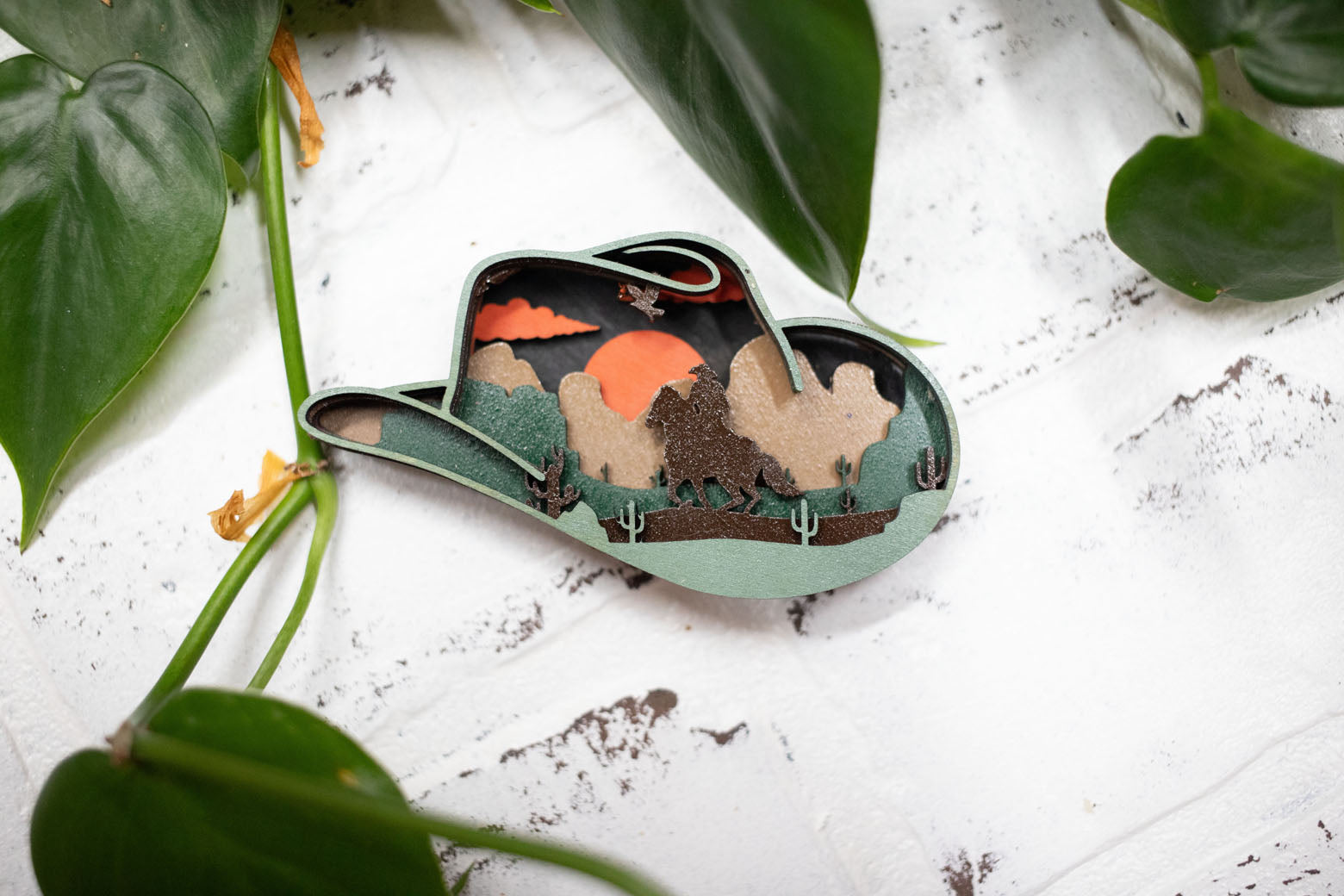 Laser Cut Cowboy Hat,  Western 3D Diorama, Handmade Wild West Scene, Cowboy Hat Decor