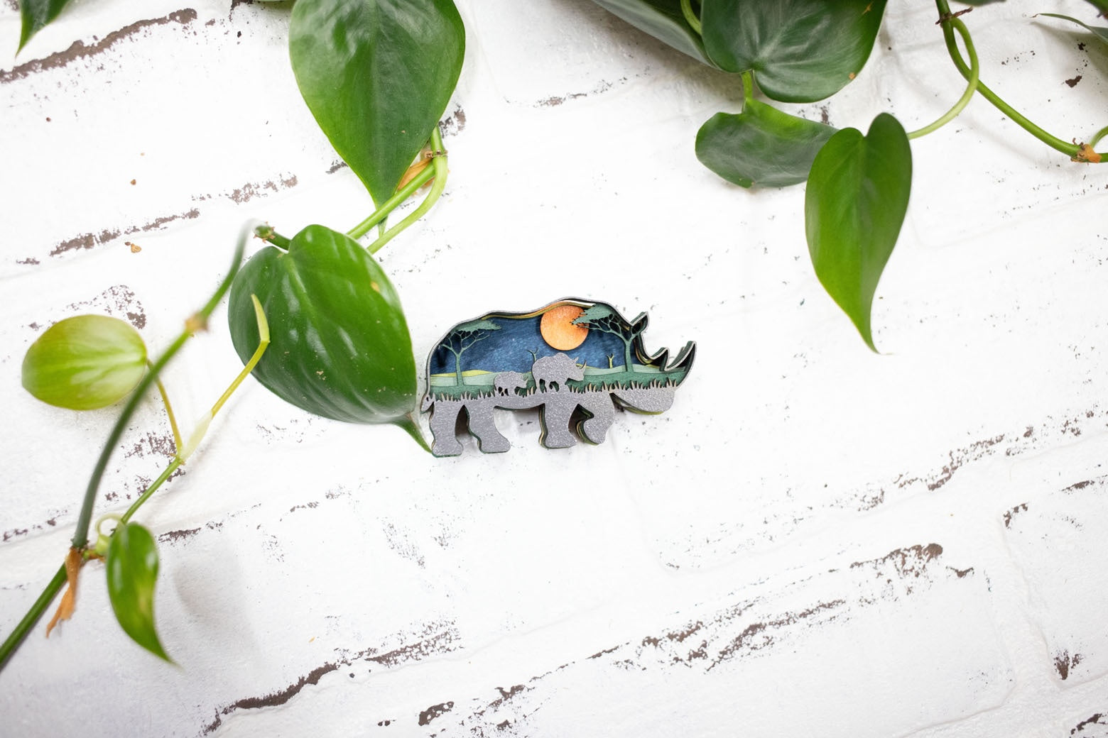 Laser Cut Rhino, Rhinoceros 3D Diorama, Handmade African Safari Scene, Rhino Animal Decor