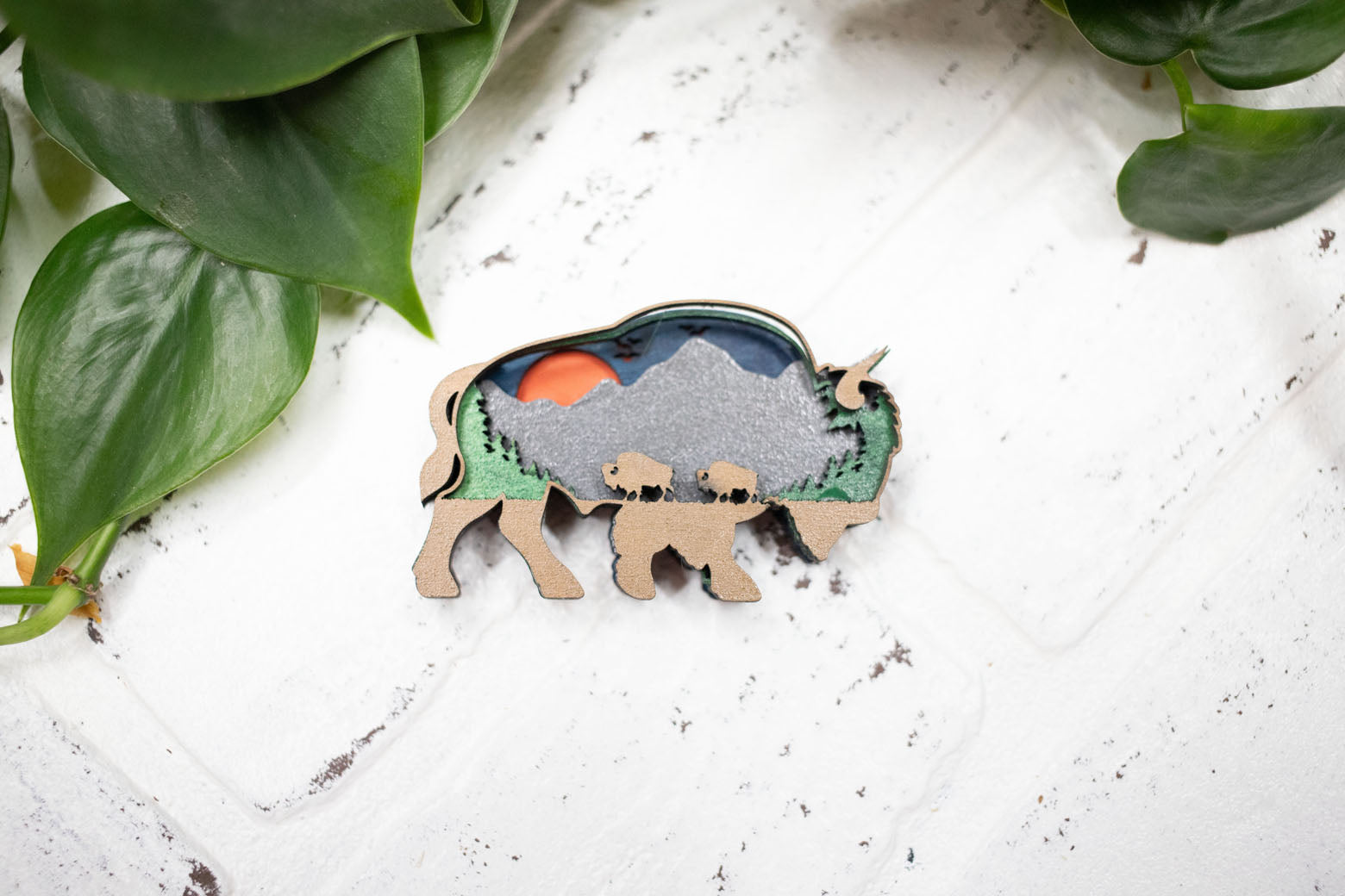 Laser Cut Buffalo, Bison 3D Diorama, Handmade American Plains Scene, Buffalo Animal Decor