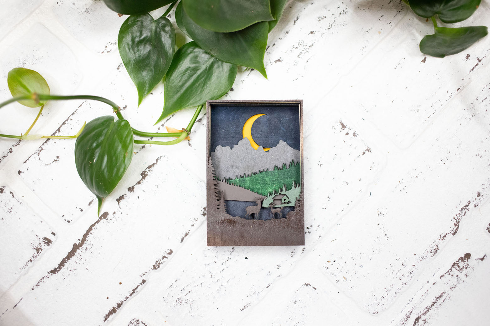 Deer in Nature 3D Diorama, Handmade Mountain Scene, Wall Art, Nighttime Mountain Deer Decor