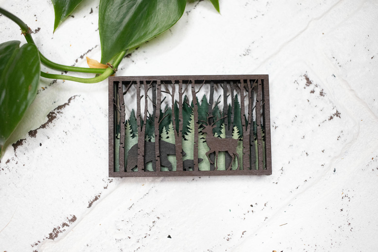 Laser Cut Bear and Deer in a Forest, Animal 3D Diorama, Handmade Forest Scene, Deer and Bear Animal Decor