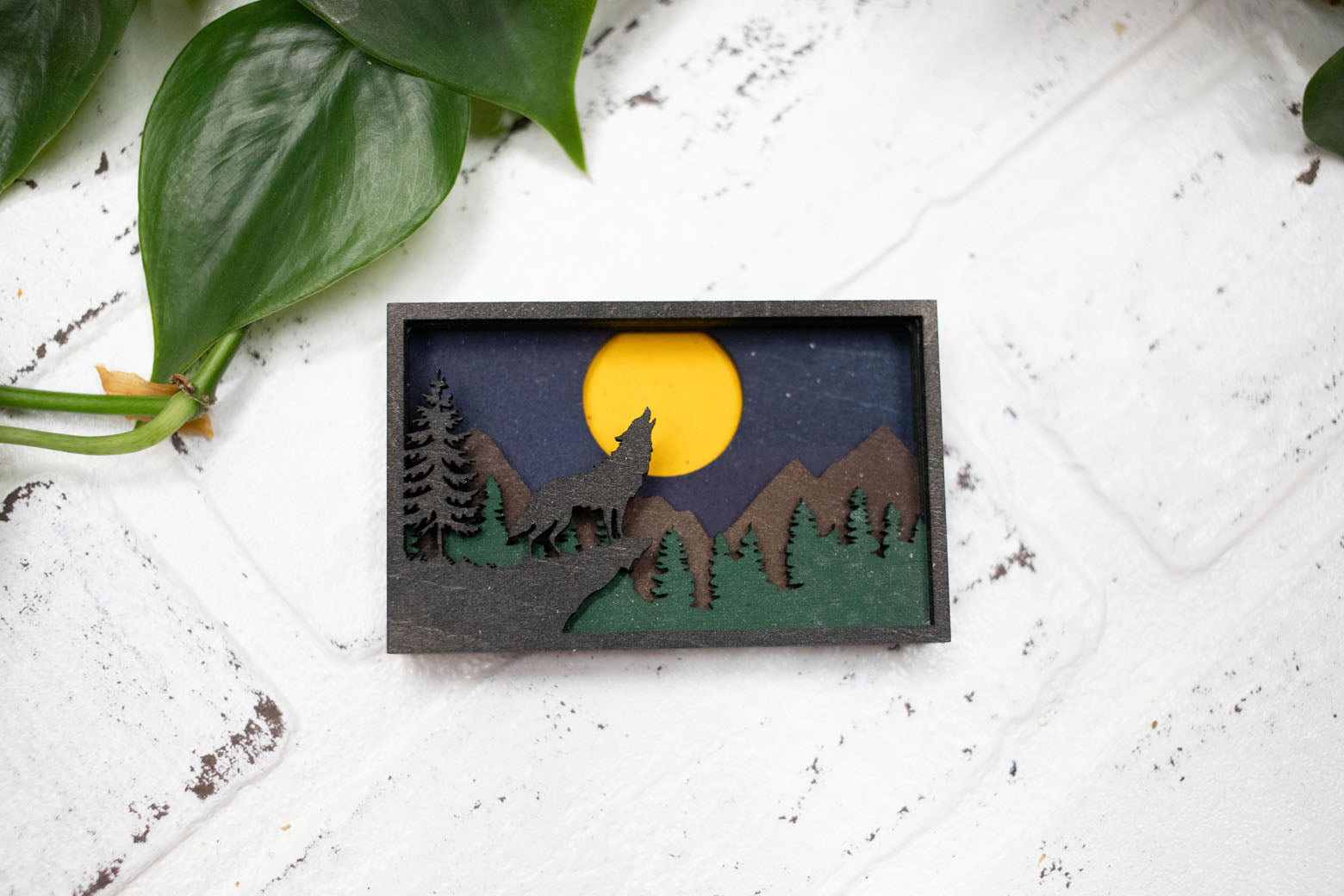 Laser Cut Howling Wolf in a Forest,  Handmade Forest Scene, Full Moon Wolf Animal Decor