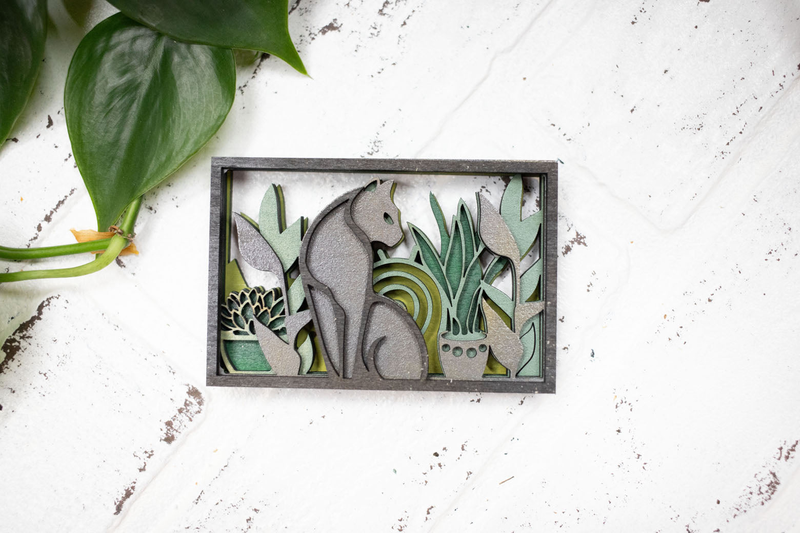 Laser Cut Cat with Plants, Animal 3D Diorama, Handmade  Scene, Cat Animal Decor