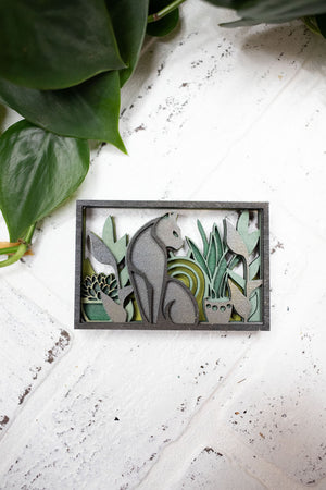 Laser Cut Cat with Plants, Animal 3D Diorama, Handmade  Scene, Cat Animal Decor