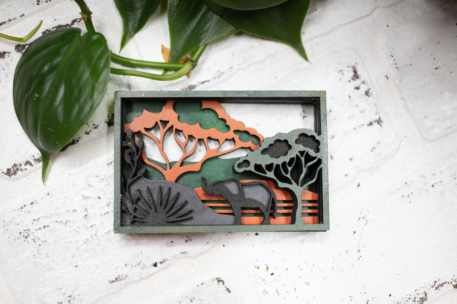 Laser Cut Elephant in a Jungle, Elephant 3D Diorama, Handmade Jungle Scene