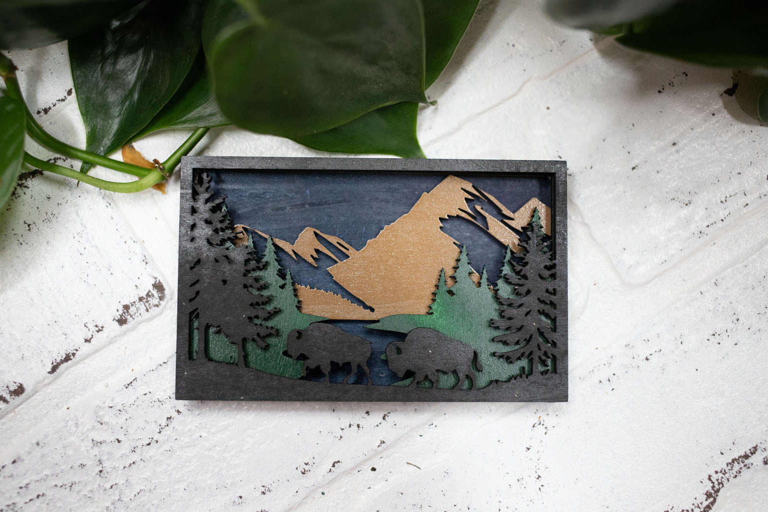 Laser Cut Bison in a Forest, Buffalo 3D Diorama, Handmade Mountain Scene
