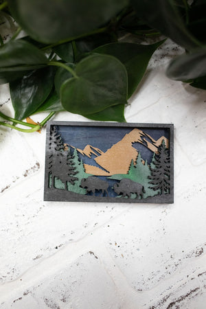 Laser Cut Bison in a Forest, Buffalo 3D Diorama, Handmade Mountain Scene