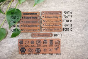 Custom Faux Leather Tags for Knitting and Crochet, Personalized Labels for Handmade Items, No Sew Logo, 2.5" x 0.5"