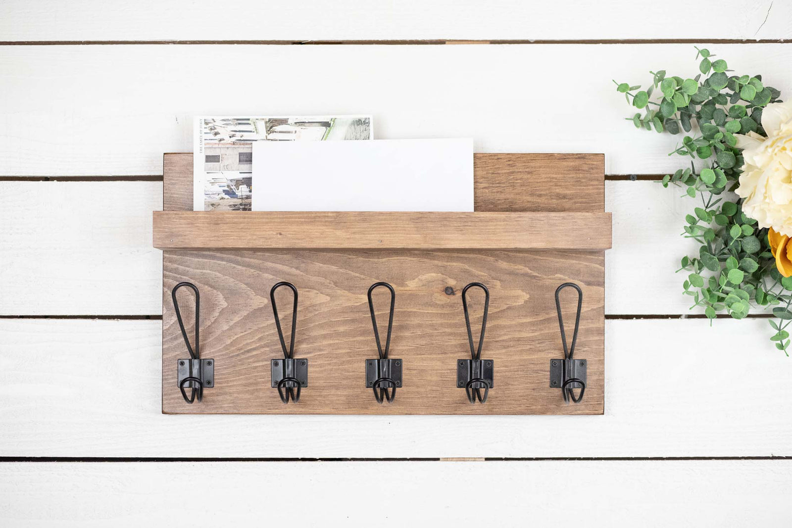 Wall Mounted Coat Rack and Ledge with Farmhouse Style Hooks