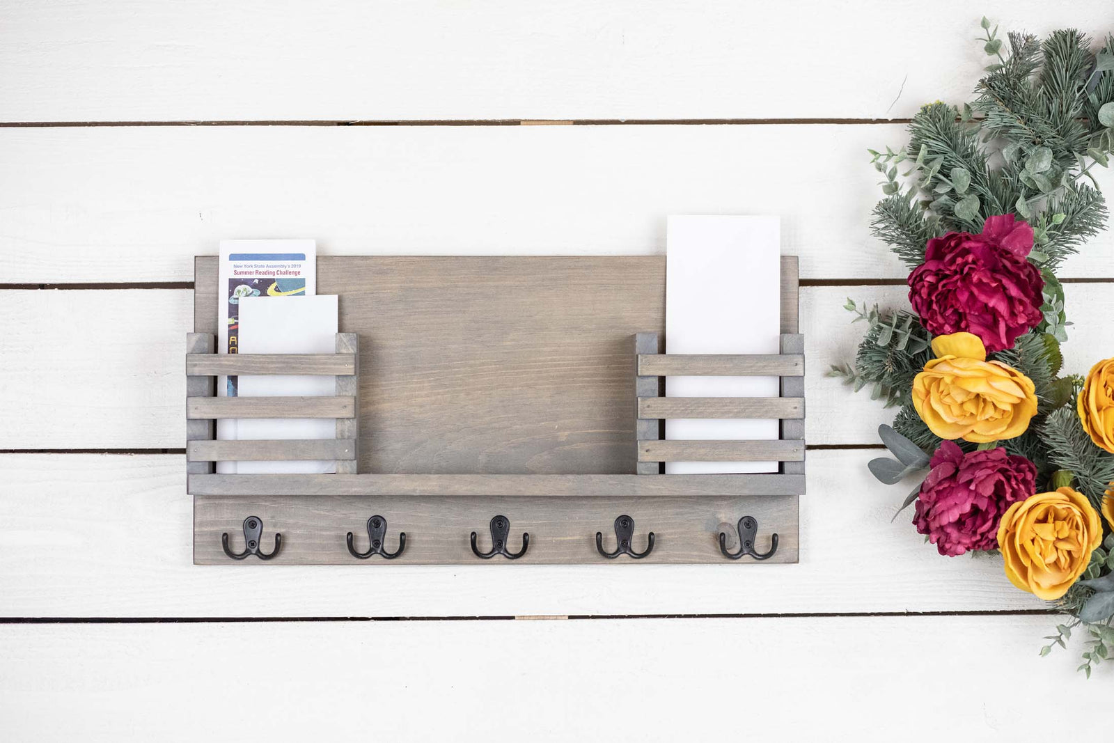 Entryway Organizer with 2 Mail Slots and Shelf, Easy Install Wall Mounted Solid Wood Mail and Key Holder with Shelf