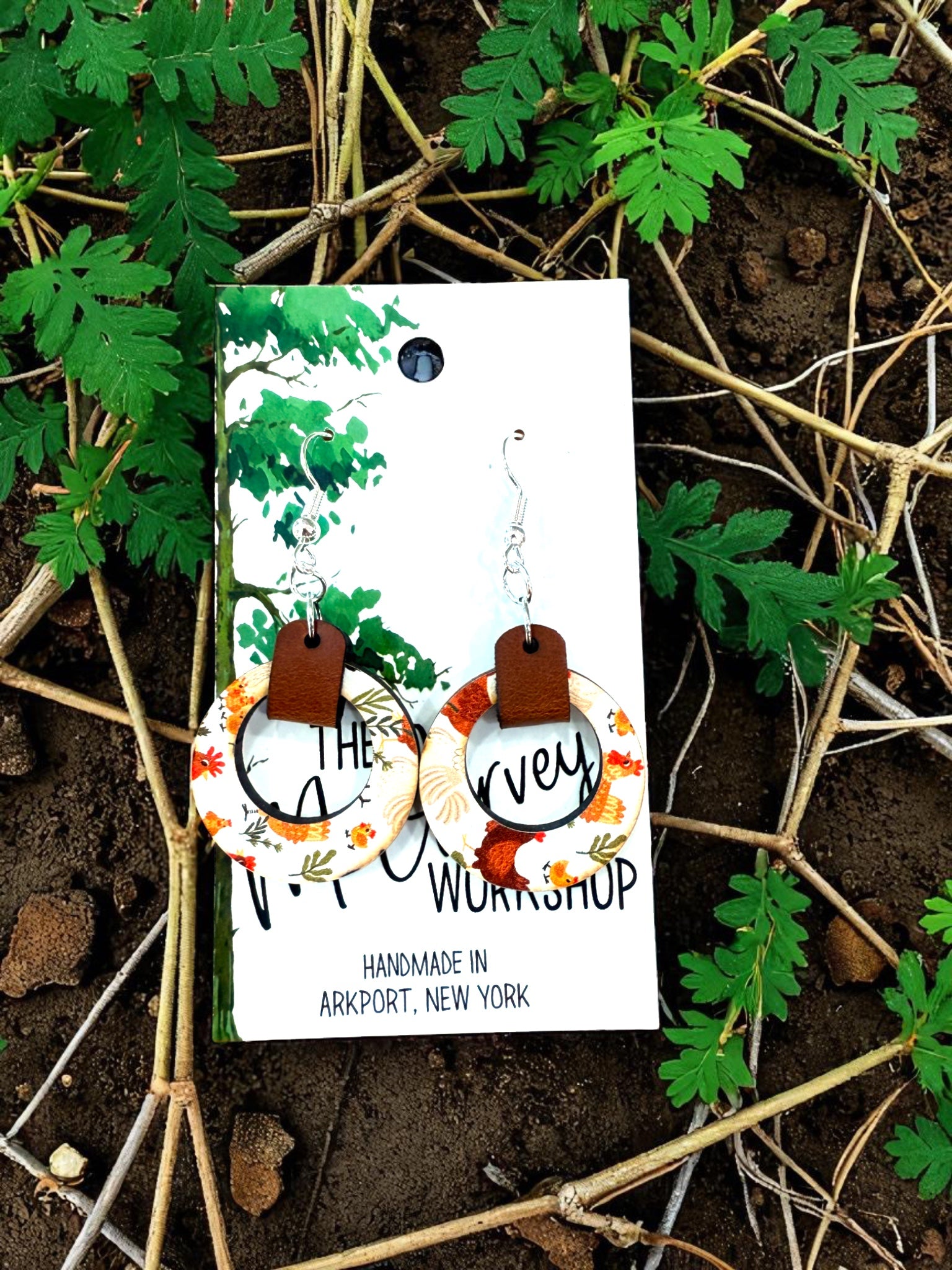 Wood and Leather Dangle Earrings, Wood Chicken Hoop Earrings, Hypoallergenic