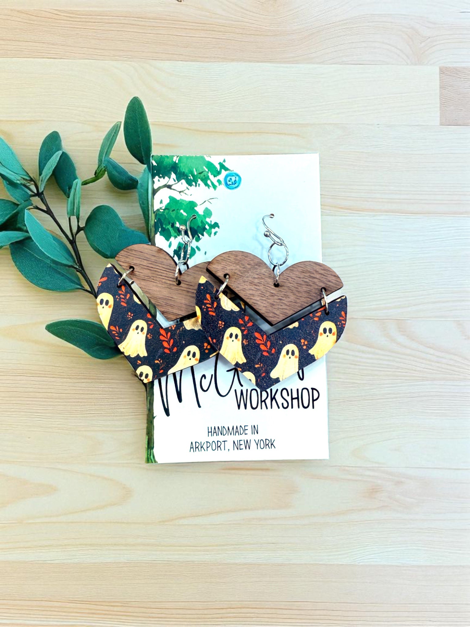 Wood Ghost Dangle Earrings, Wood Hoop Earrings, Hypoallergenic