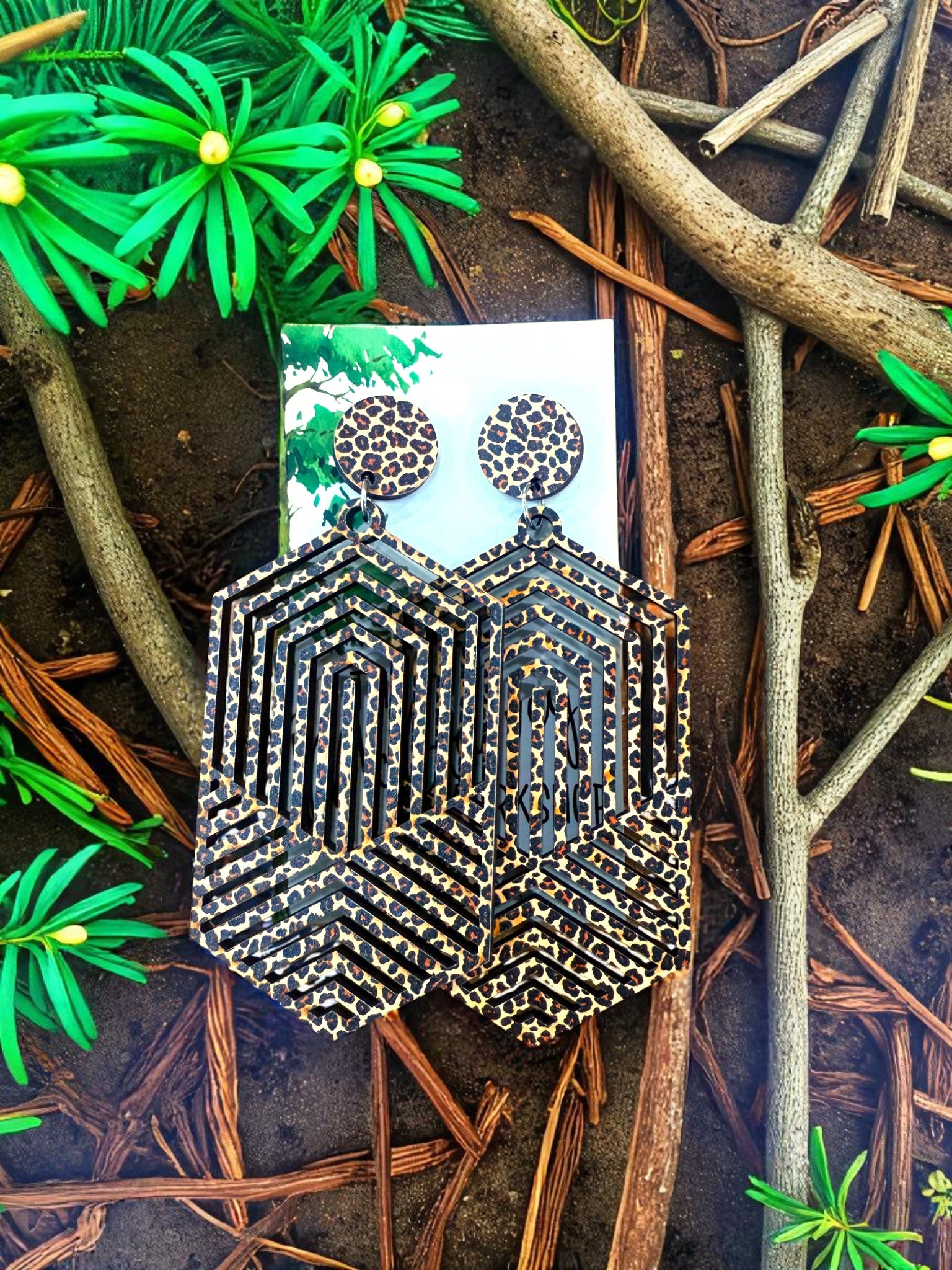 Wood Leopard Dangle Earrings, Wood Earrings, Hypoallergenic