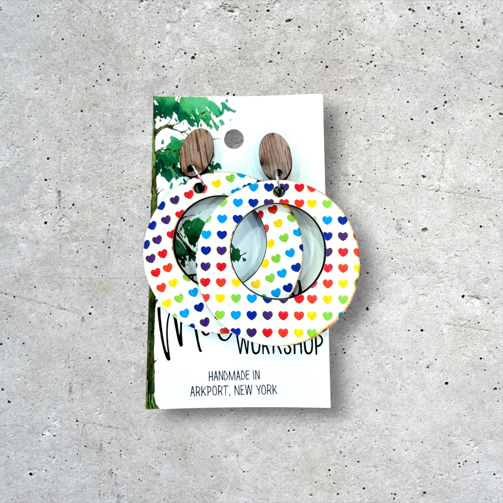 Wood Rainbow Heart Dangle Earrings, Wood Hoop Earrings, Hypoallergenic