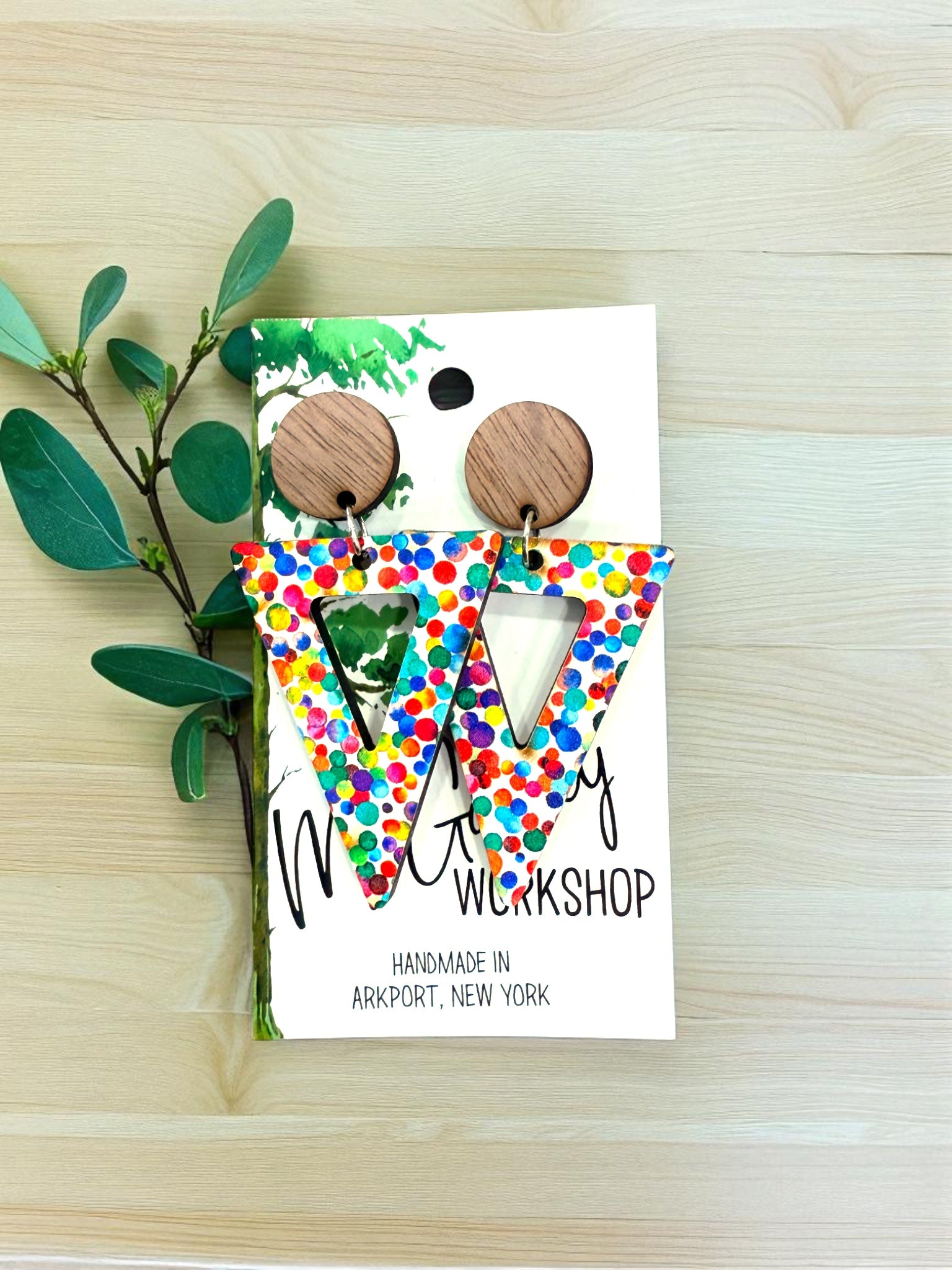 Wood Triangle Dangle Earrings, Colorful Wood Earrings, Hypoallergenic