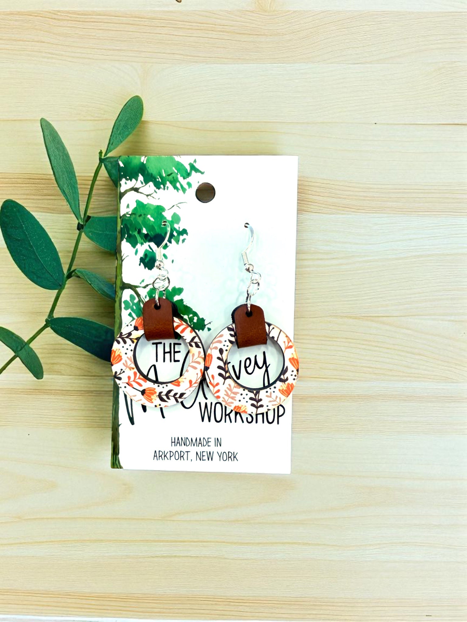 Wood and Leather Hoop Dangle Earrings, Floral  Wood Earrings, Hypoallergenic