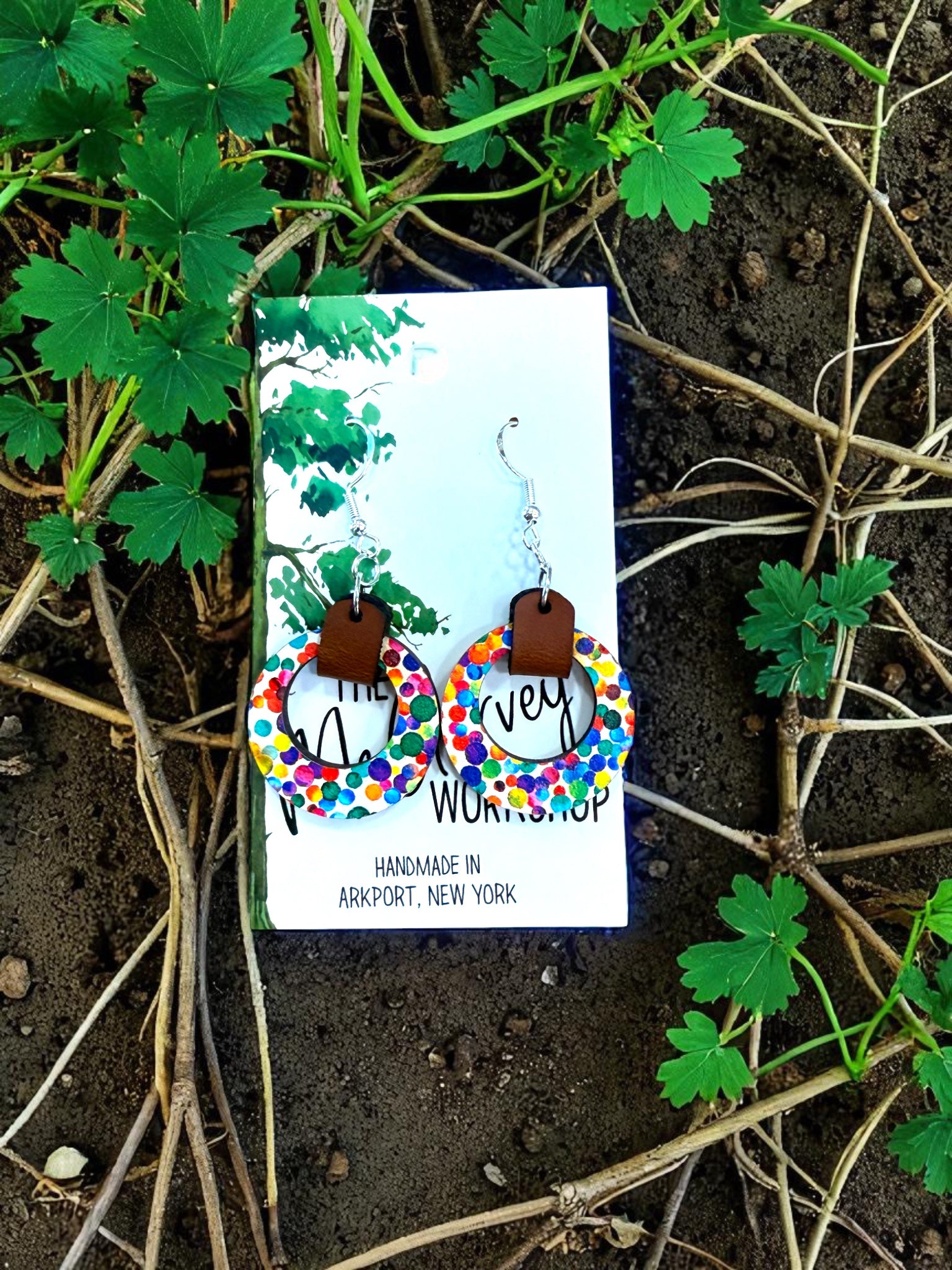 Wood and Leather Hoop Dangle Earrings, Colorful Wood Earrings, Hypoallergenic