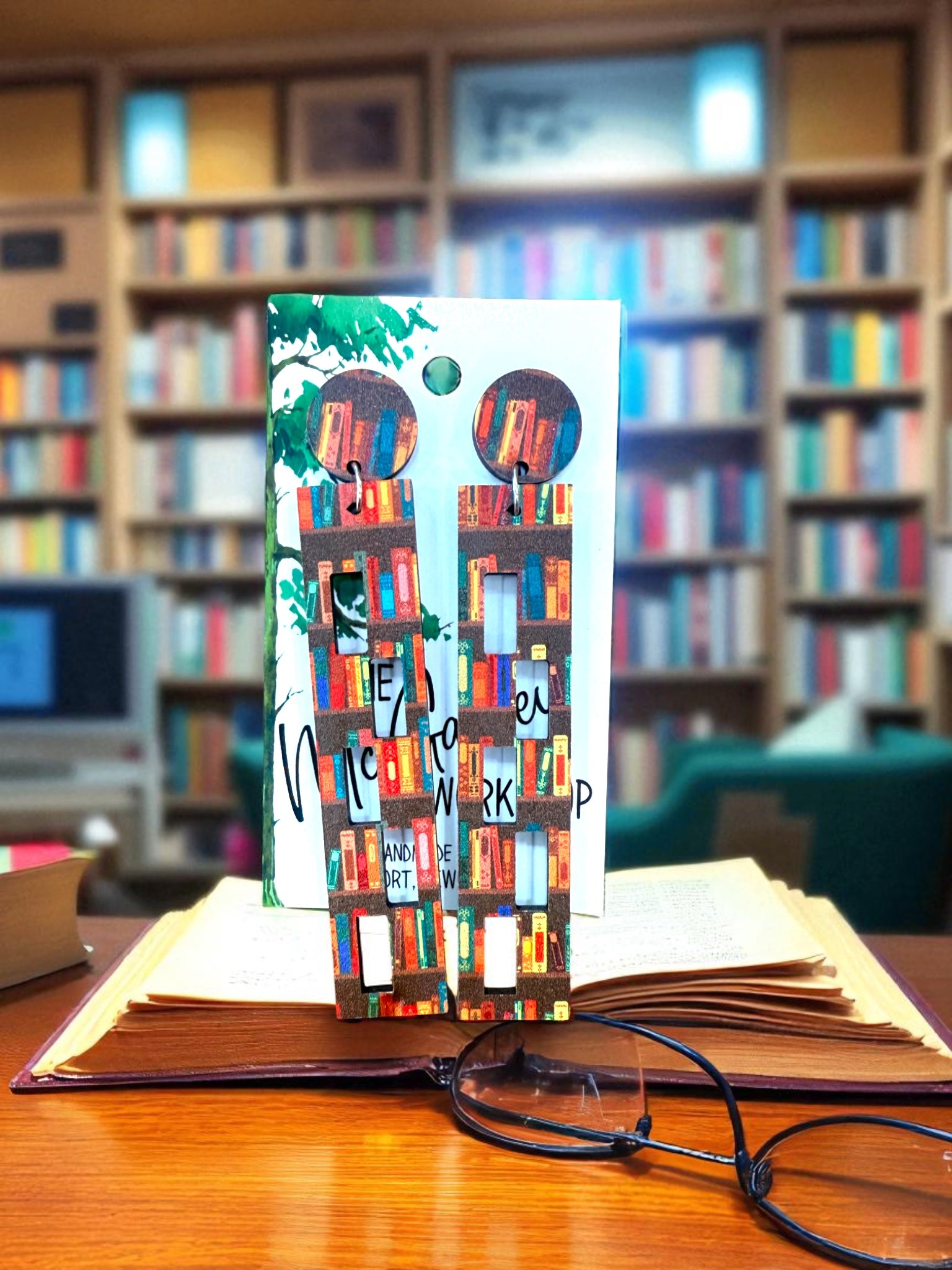 Wood Bookshelf Dangle Earrings, Colorful Book Wood Earrings, Hypoallergenic