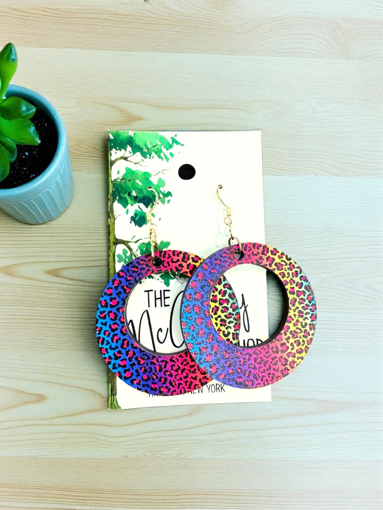 Wood Rainbow Cheetah Print Dangle Earrings, Colorful Hoop Earrings, Hypoallergenic