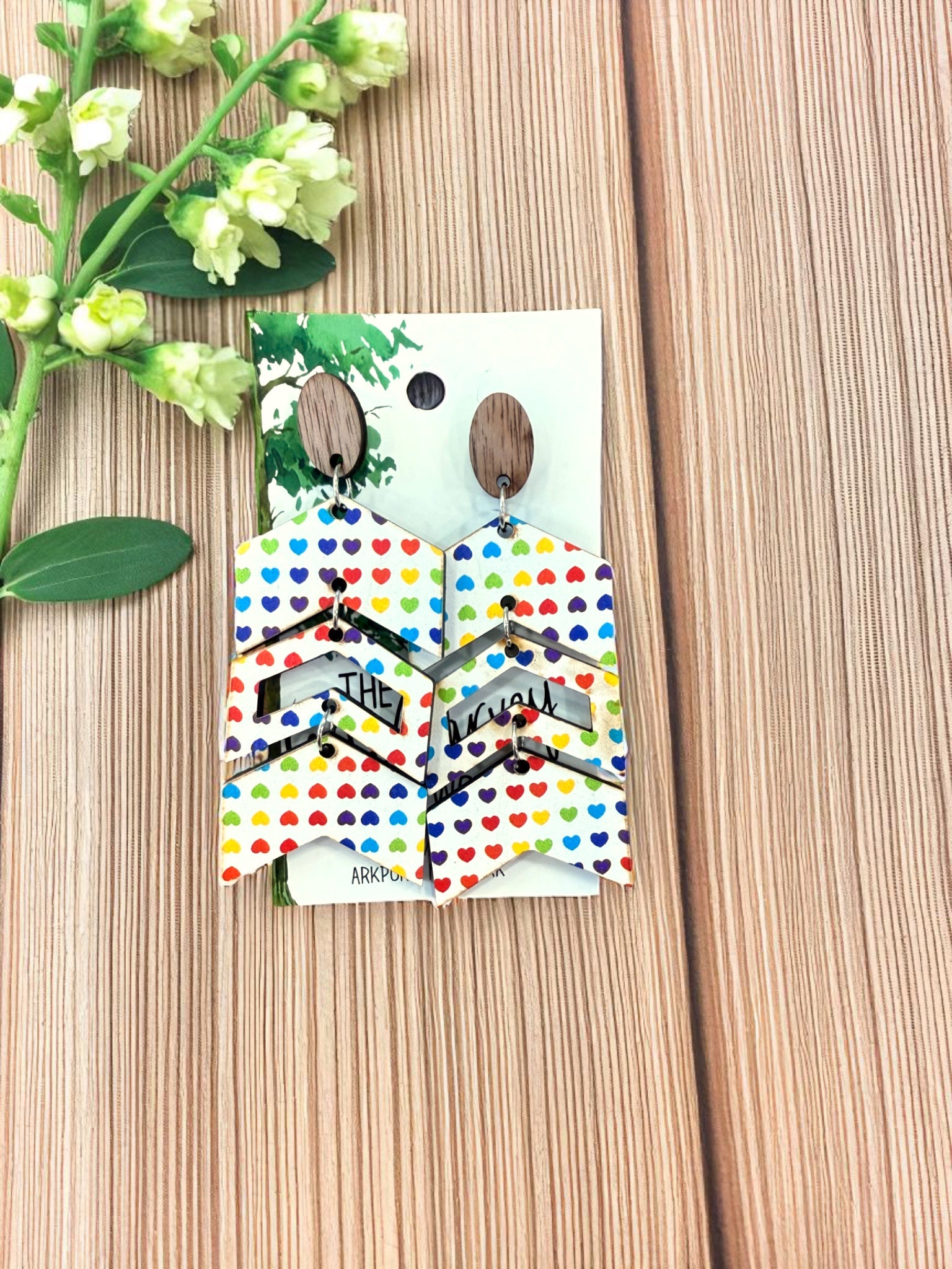 Wood Chevron Rainbow Heart Dangle Earrings, Wood Earrings, Hypoallergenic