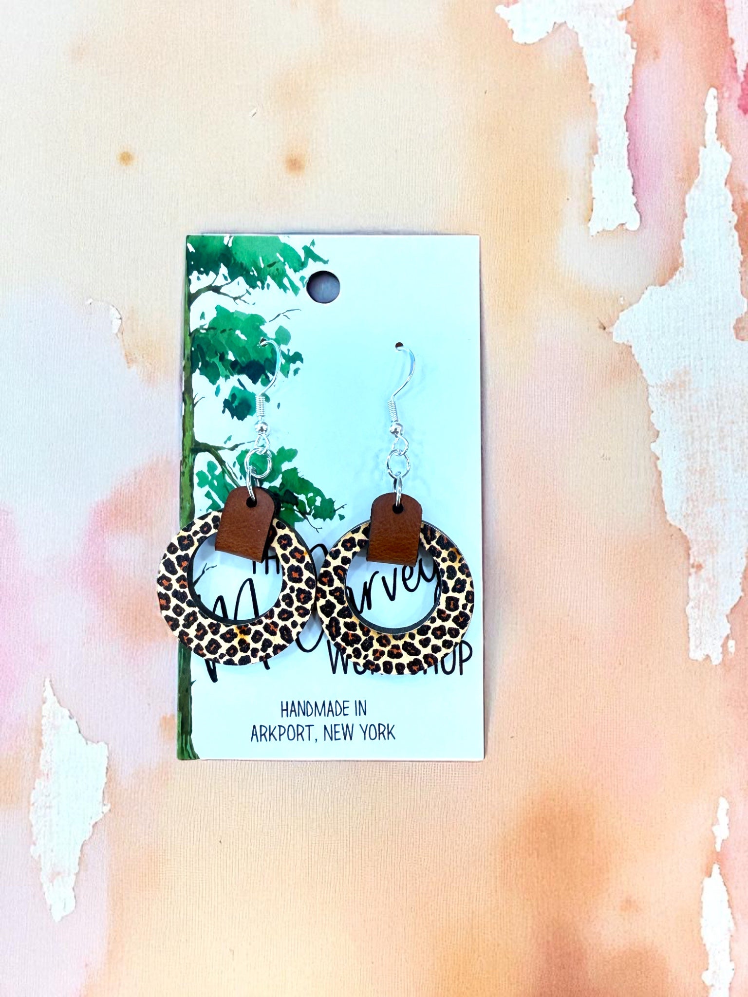Wood Cheetah Print Hoop Dangle Earrings, Wood and Leather Earrings, Hypoallergenic
