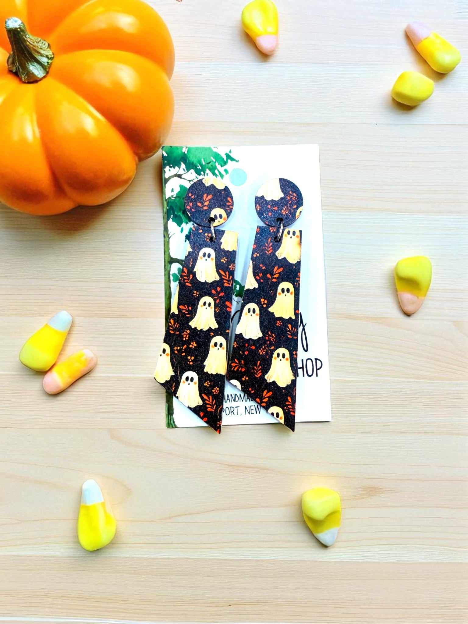 Wood Ghost Dangle Earrings, Wood Halloween Earrings, Hypoallergenic