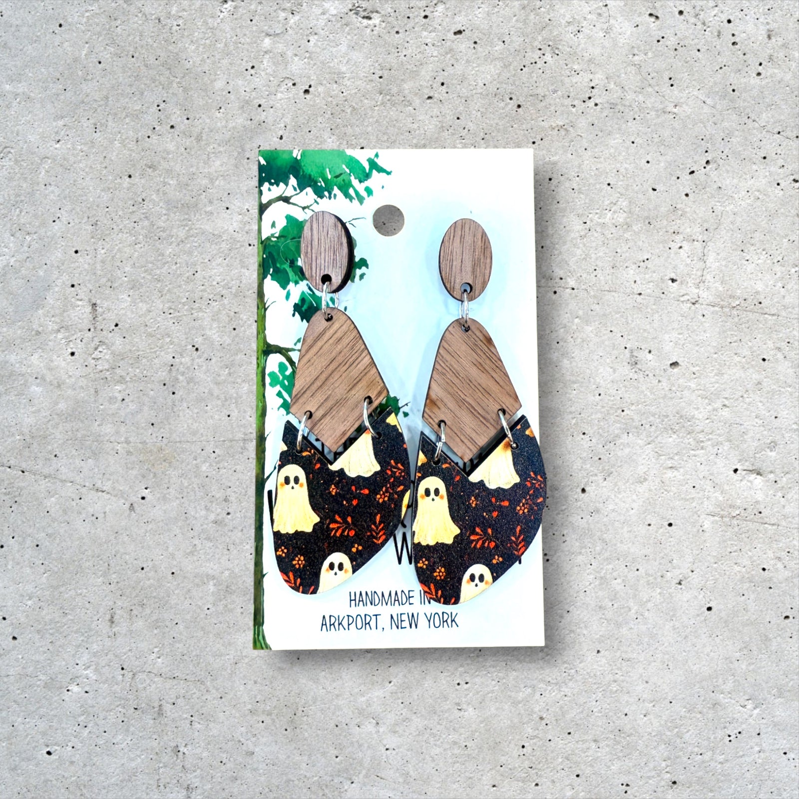 Wood Ghost Dangle Earrings, Wood Halloween Earrings, Hypoallergenic