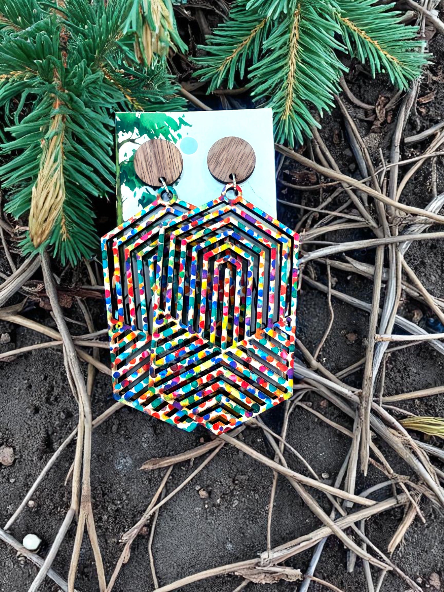 Wood Rainbow Dangle Earrings, Wood Earrings, Hypoallergenic