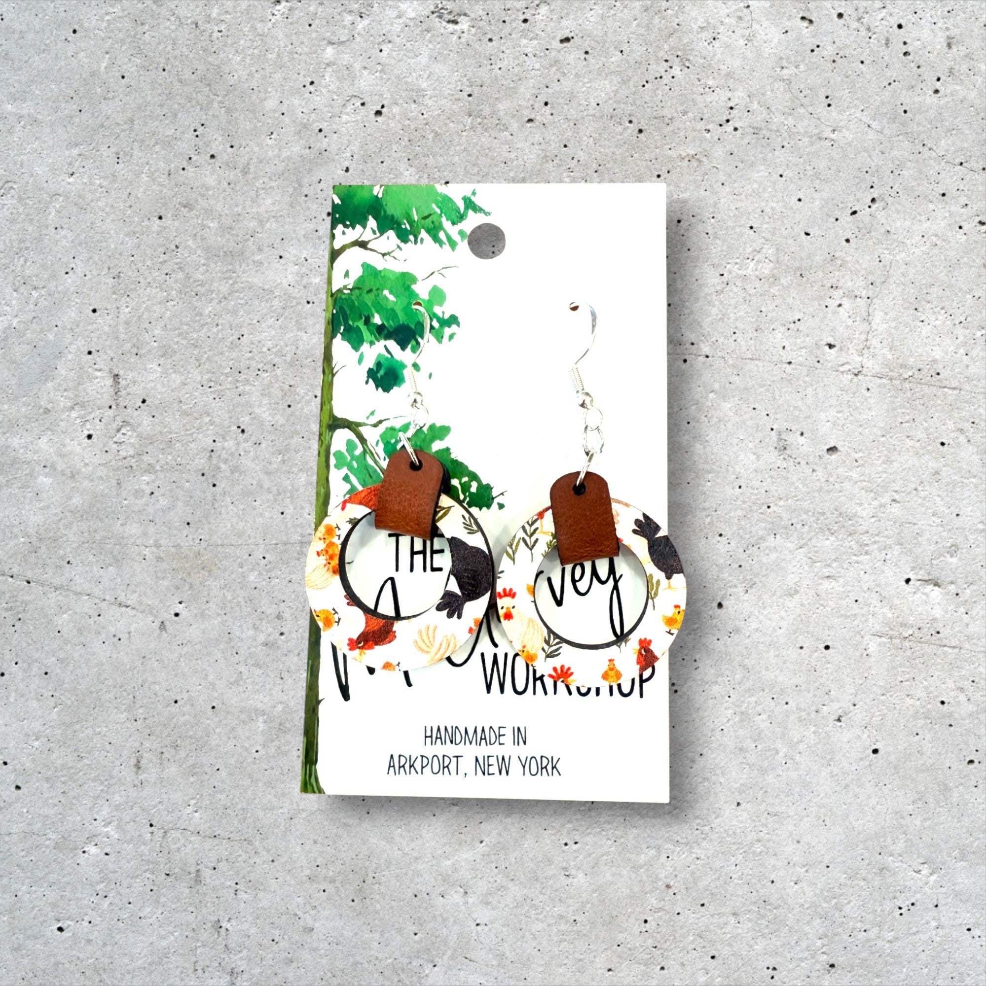 Wood and Leather Chicken Dangle Earrings, Wood Earrings, Hypoallergenic