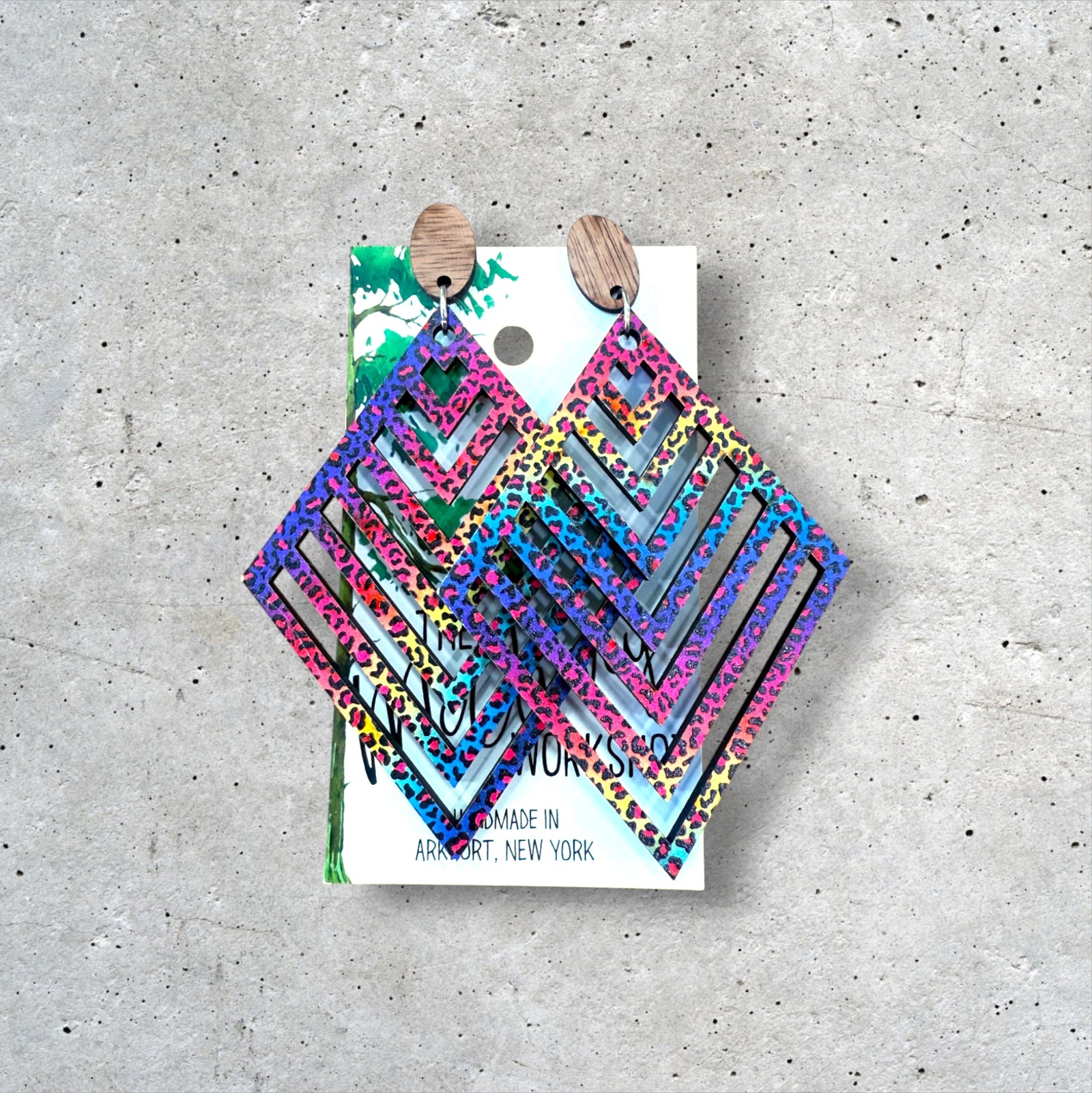 Wood Rainbow Cheetah Print Dangle Earrings, Wood Earrings, Hypoallergenic