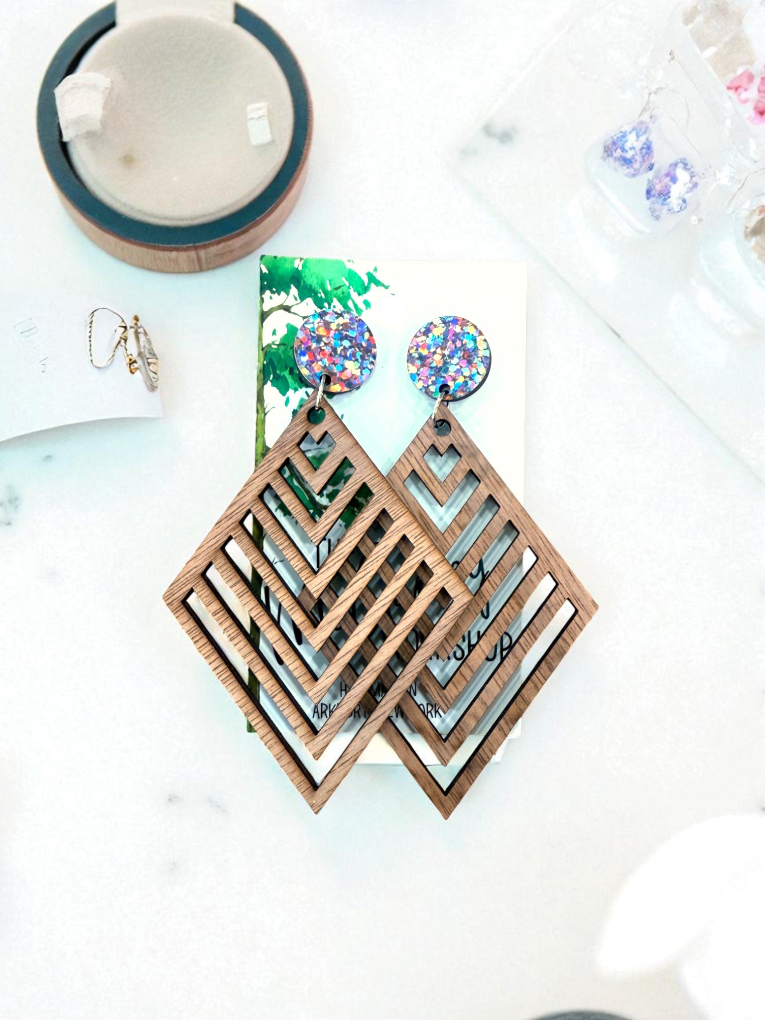 Wood  Dangle Earrings, Geometric Wood Earrings, Hypoallergenic