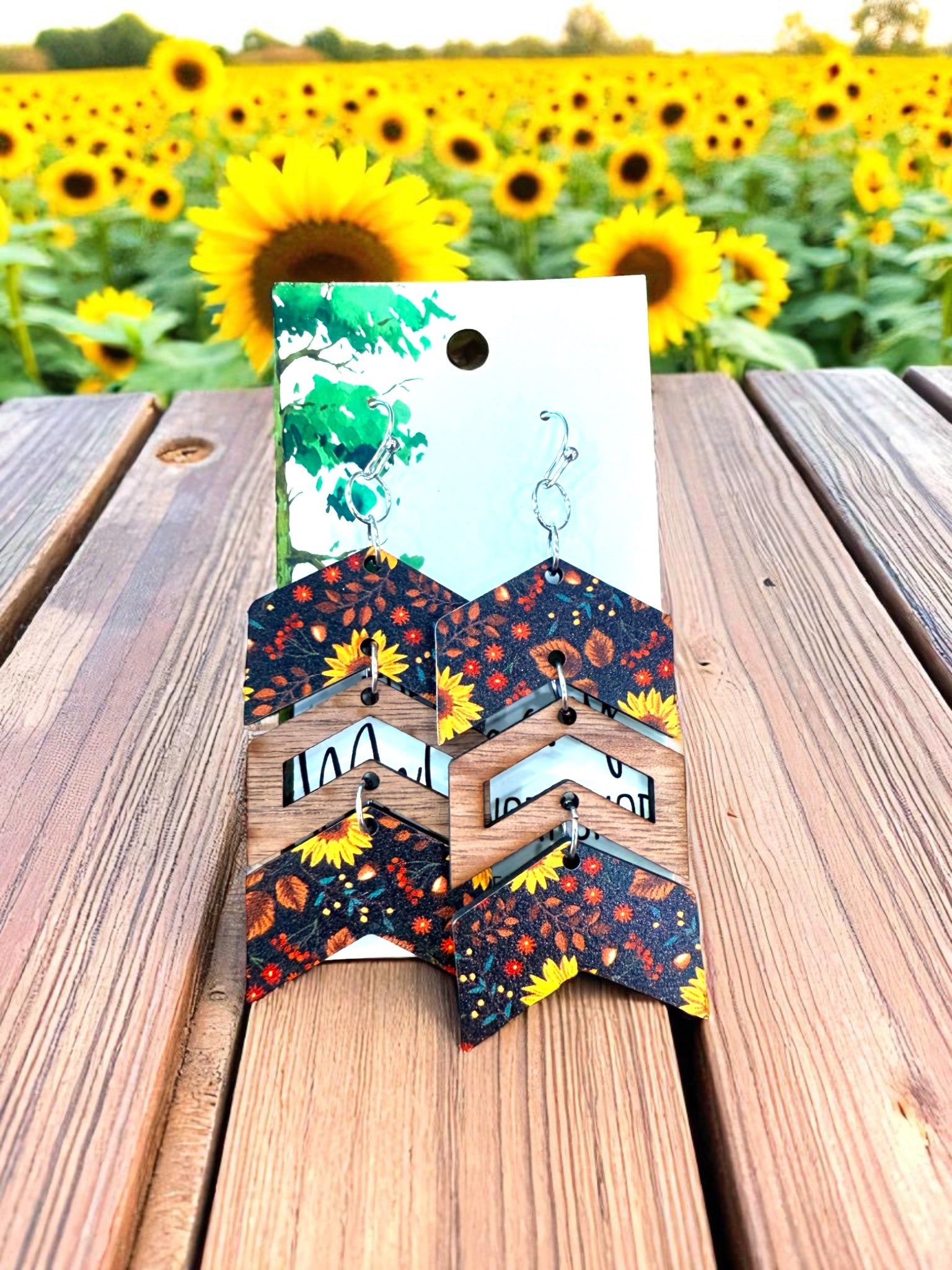 Wood Sunflower Dangle Earrings, Geometric Chevron Wood Earrings, Hypoallergenic