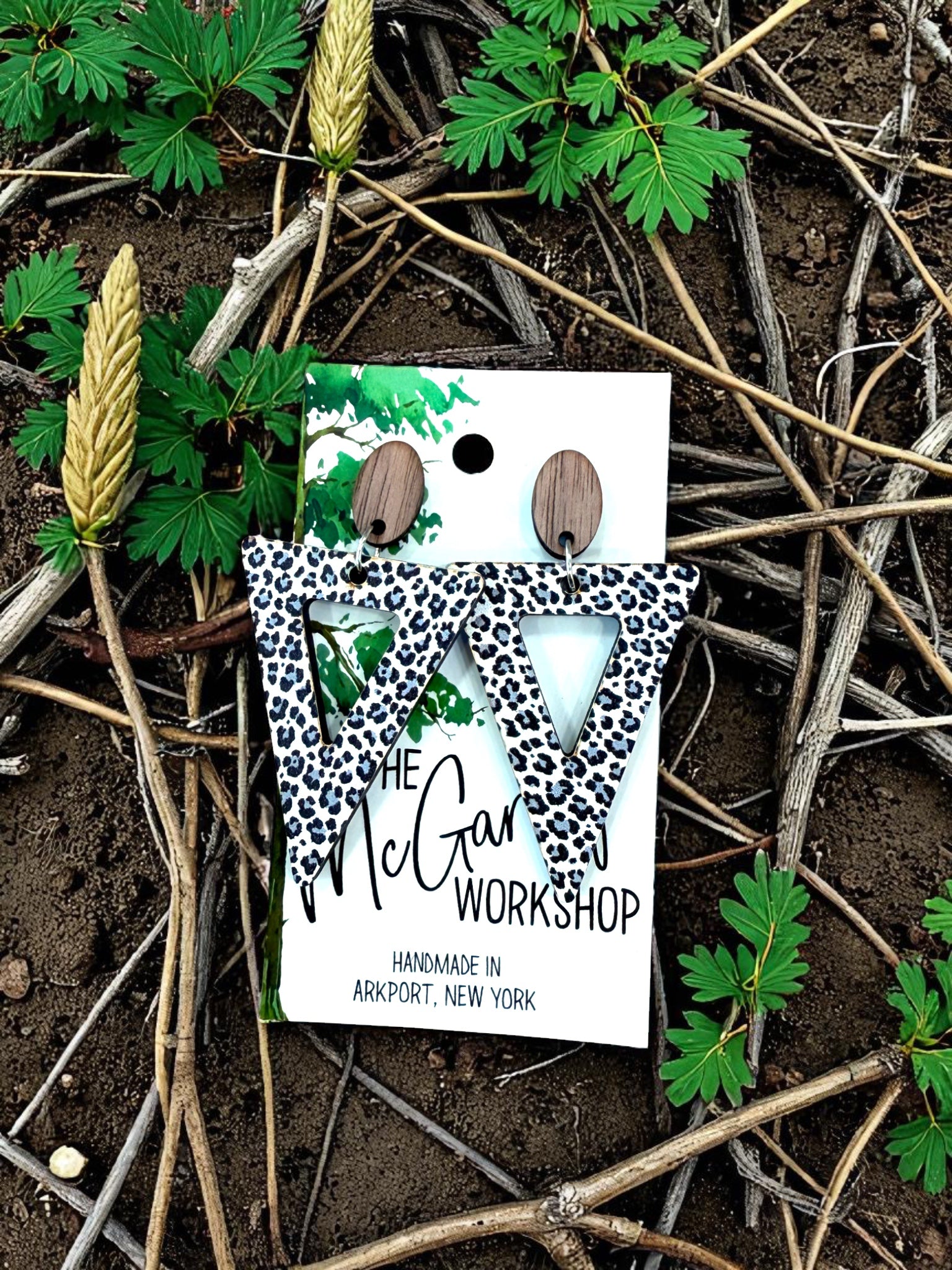 Wood Triangle Dangle Earrings, Leopard Wood Earrings, Hypoallergenic