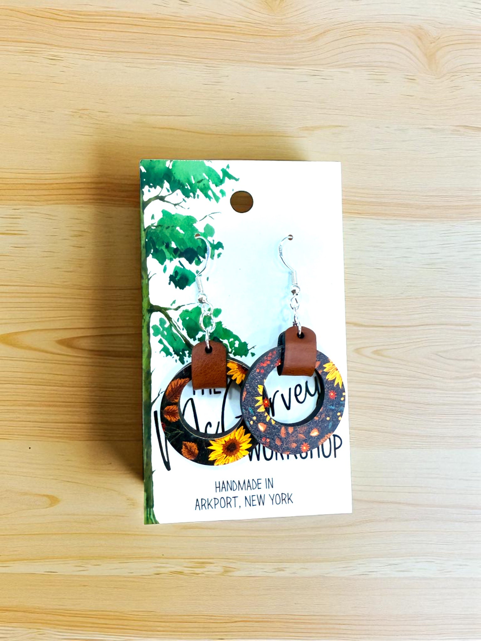 Wood and Leather Hoop Dangle Earrings, Sunflower Wood Earrings, Hypoallergenic