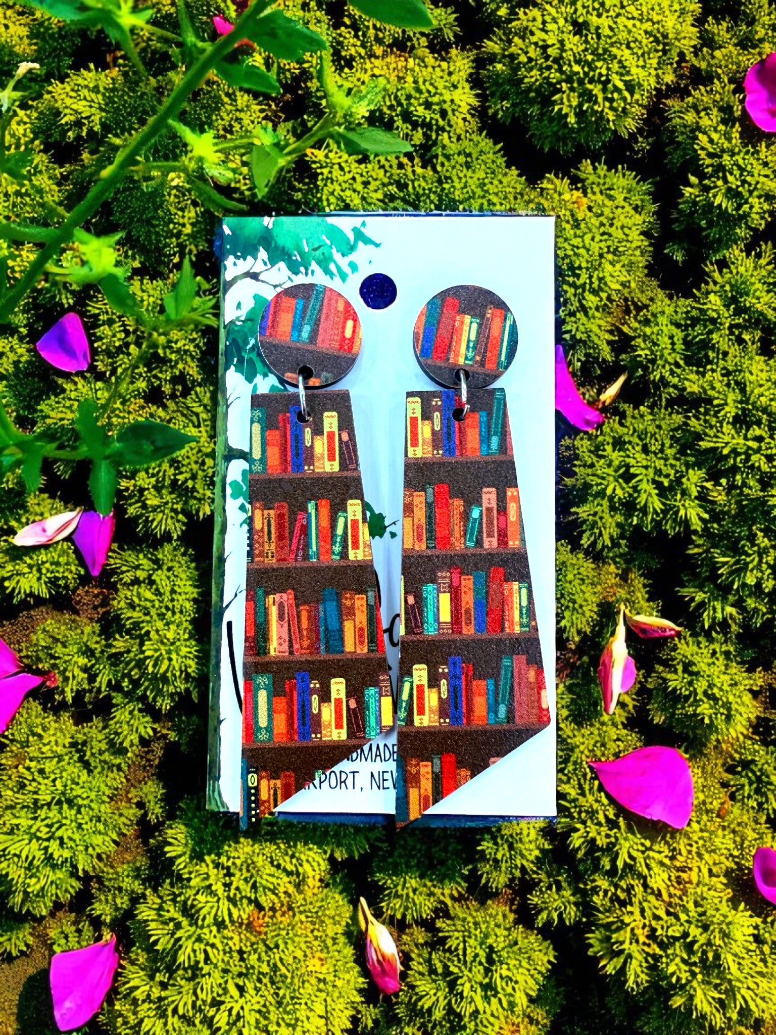 Wood Book Dangle Earrings, Colorful Bookshelf Wood Earrings, Hypoallergenic