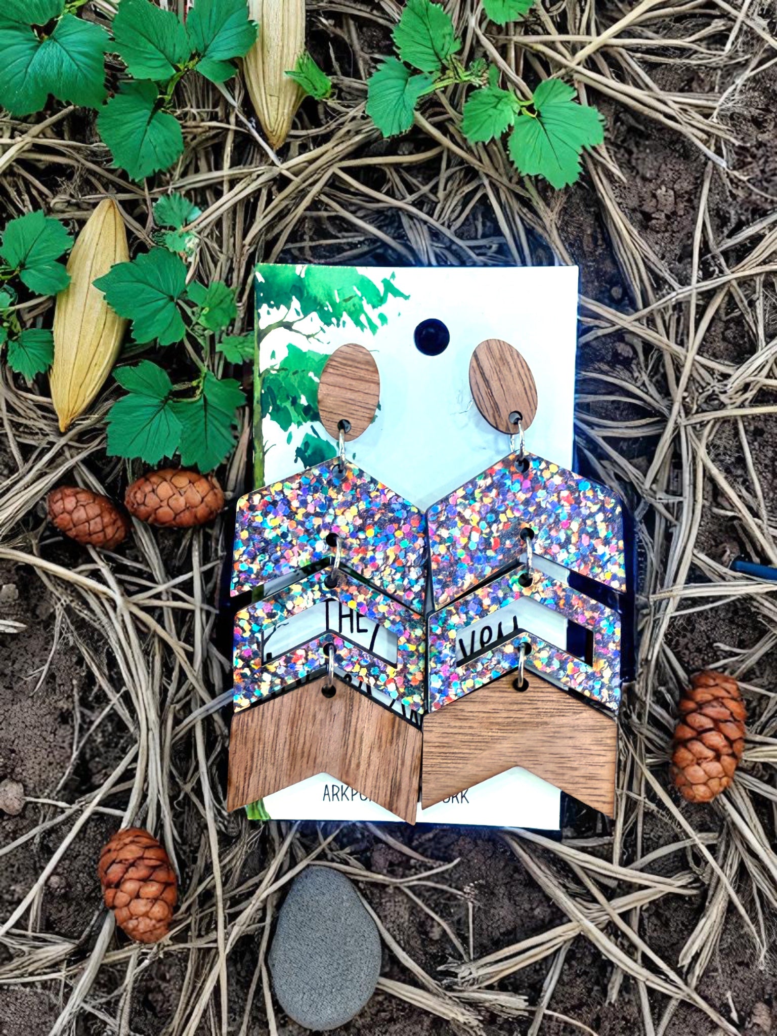 Wood Chevron Rainbow Dangle Earrings, Wood Earrings, Hypoallergenic