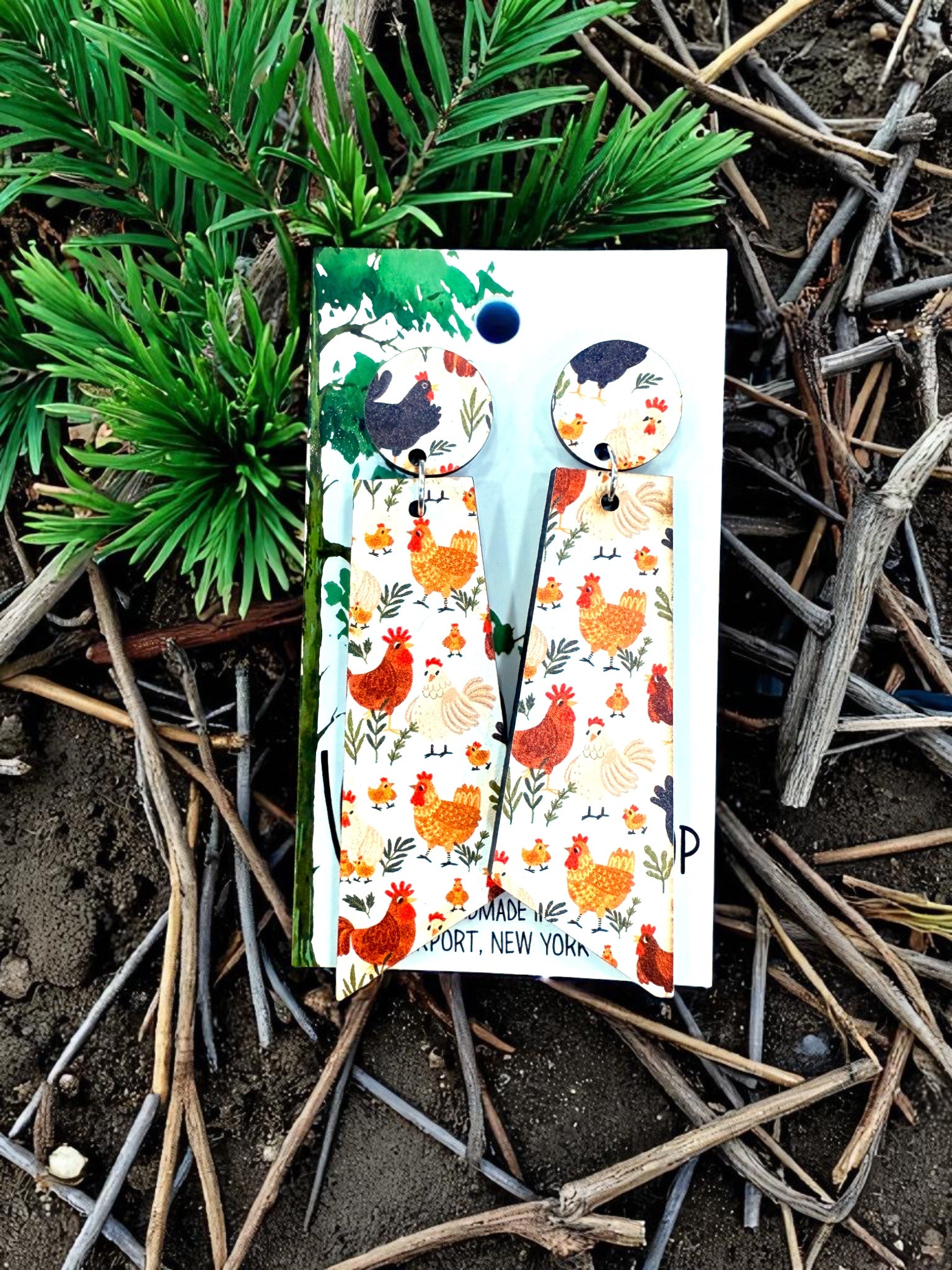 Wood Chicken Dangle Earrings, Wood Earrings, Hypoallergenic