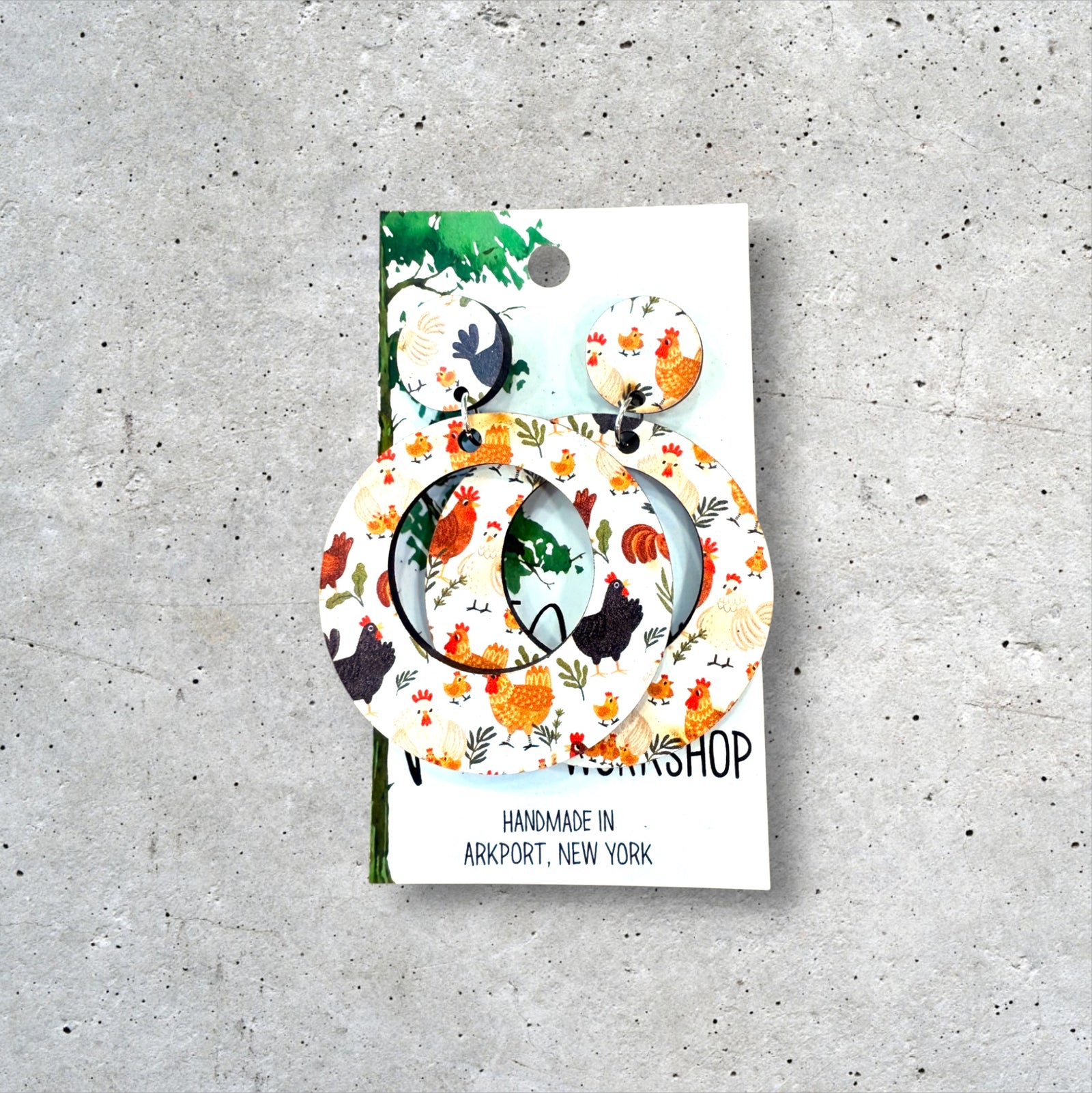 Wood Chicken Hoop Dangle Earrings, Wood Earrings, Hypoallergenic