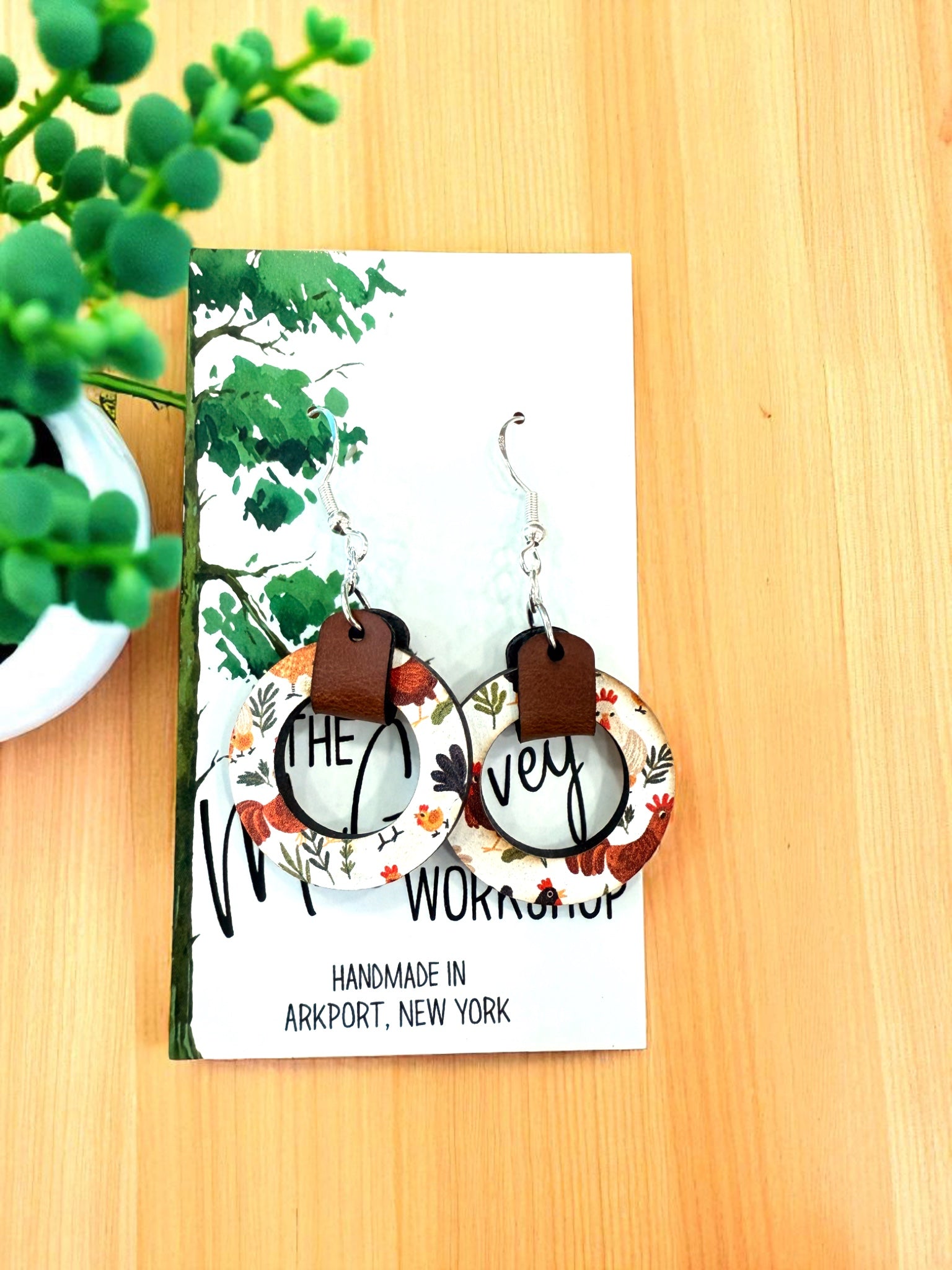Wood and Leather Chicken Dangle Earrings, Wood Hoop Earrings, Hypoallergenic