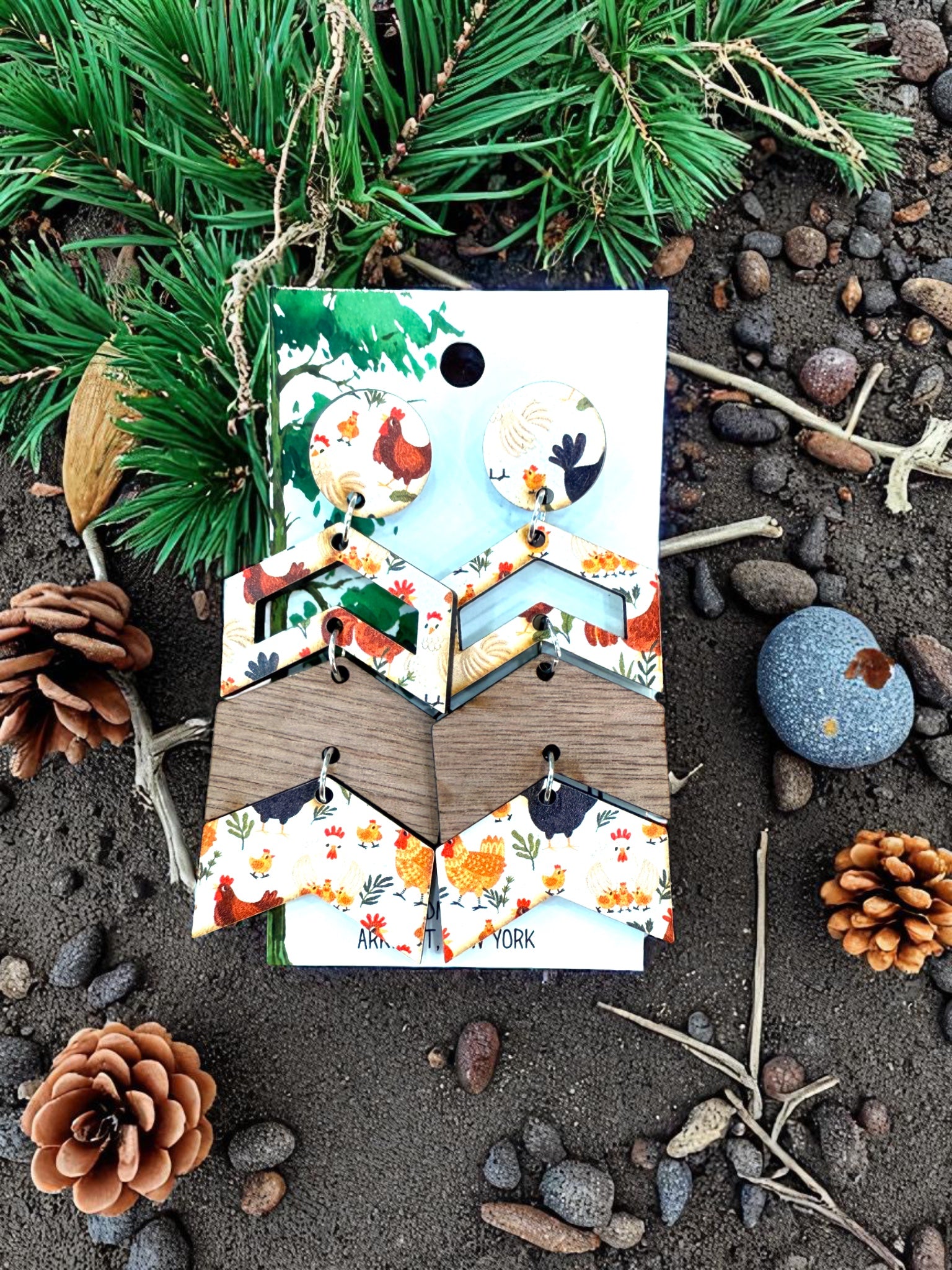 Wood Chevron Chicken Dangle Earrings, Wood Earrings, Hypoallergenic