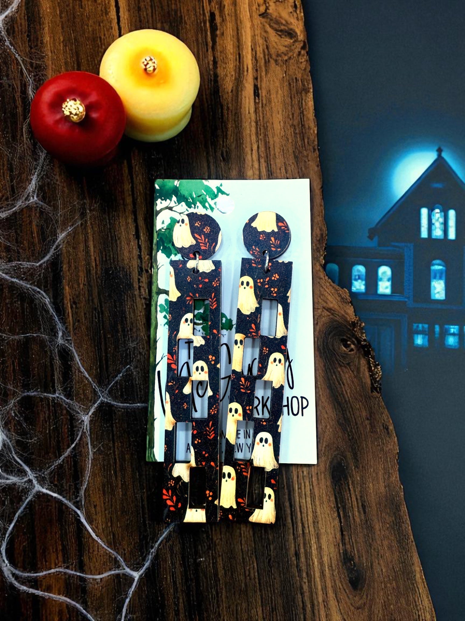 Wood Ghost Dangle Earrings, Halloween Wood Earrings, Hypoallergenic