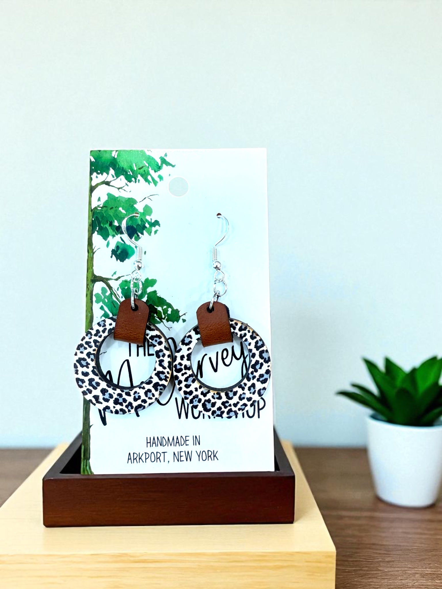 Wood Cheetah Print, Wood and Leather Dangle Earrings, Wood Earrings, Hypoallergenic