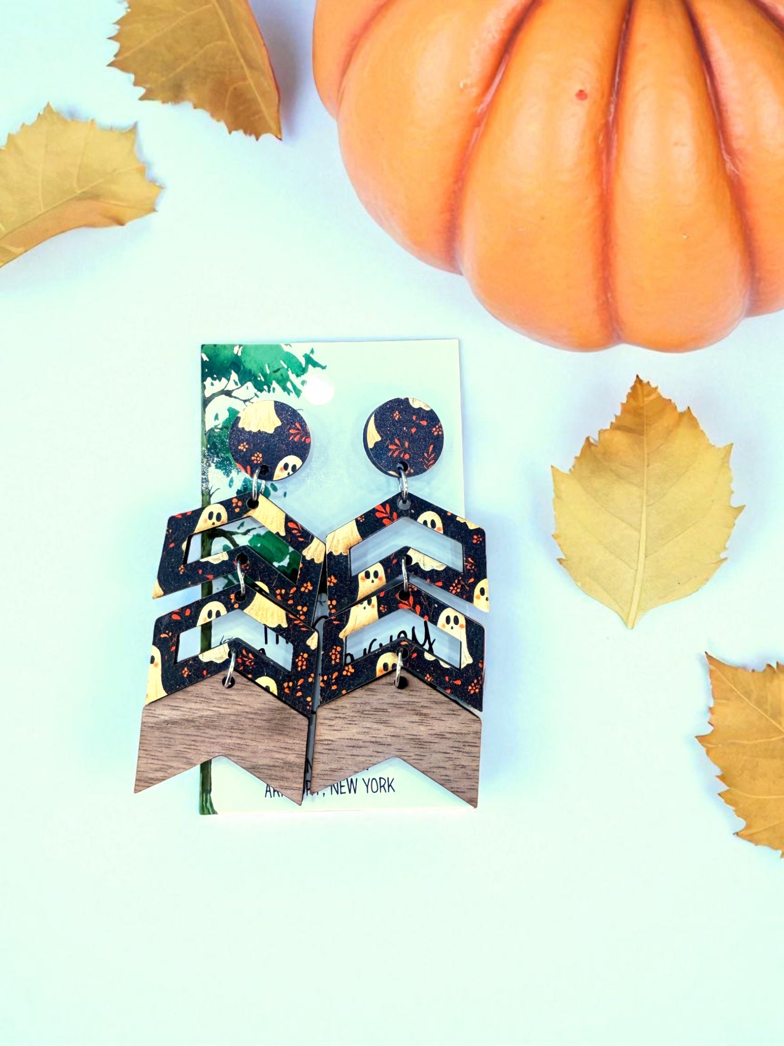 Wood Ghost Chevron Dangle Earrings, Halloween Wood Earrings, Hypoallergenic
