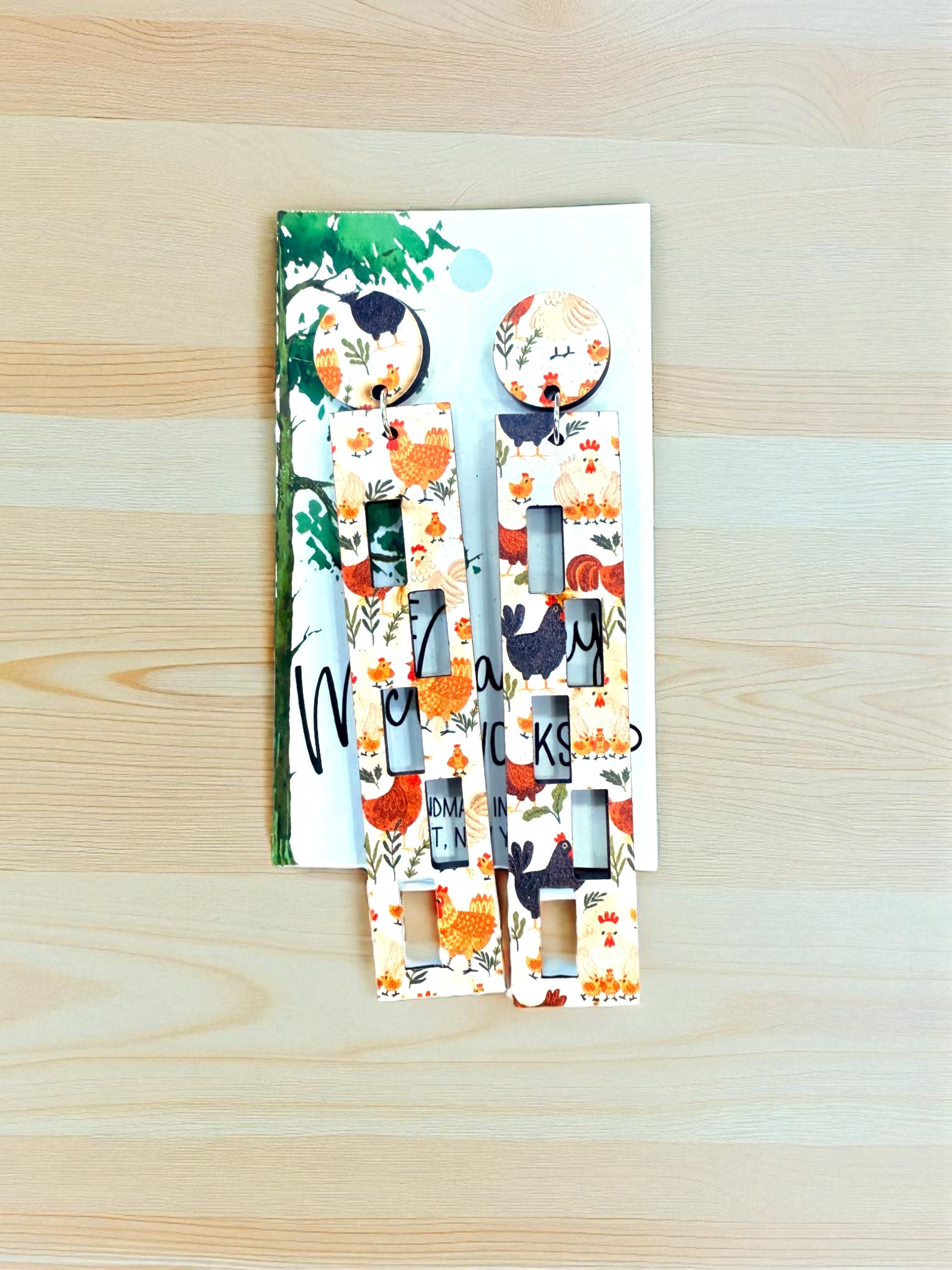 Wood Chicken Dangle Earrings, Wood Earrings, Hypoallergenic